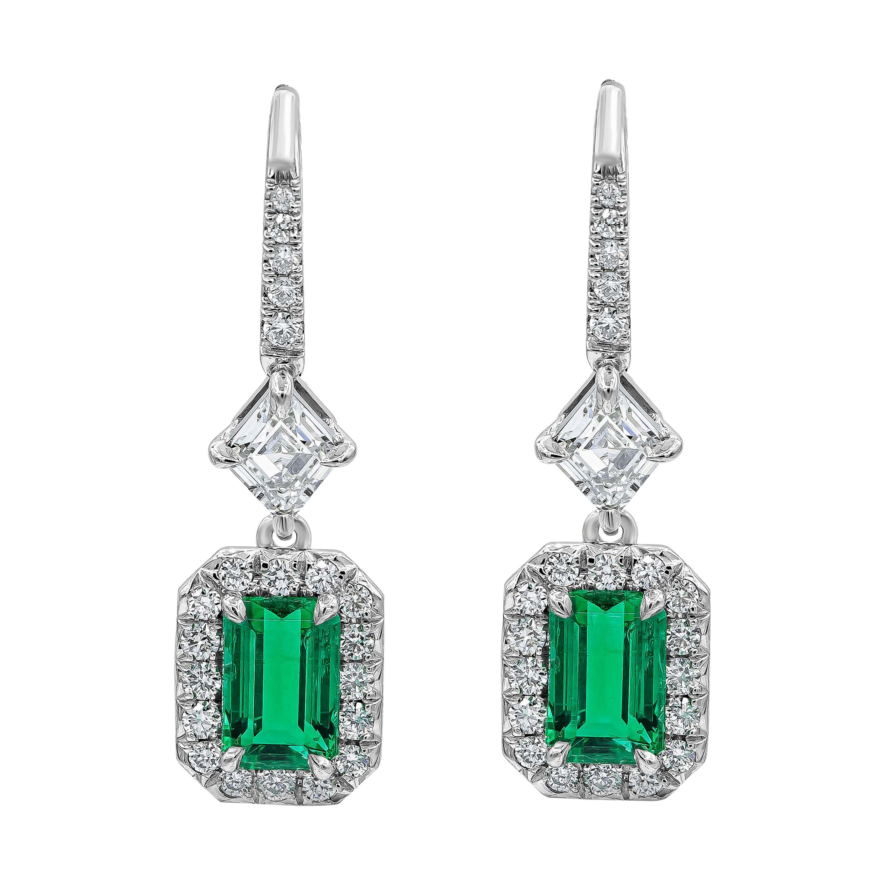 Roman Malakov 2.30 Carats Colombian Emerald and Diamond Halo Dangle Earrings For Sale