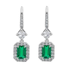 Roman Malakov 2.30 Carats Colombian Emerald and Diamond Halo Dangle Earrings