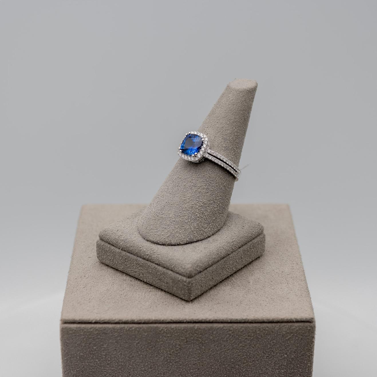Women's Roman Malakov Cushion Cut Blue Sapphire and Diamond Halo Engagement Ring For Sale