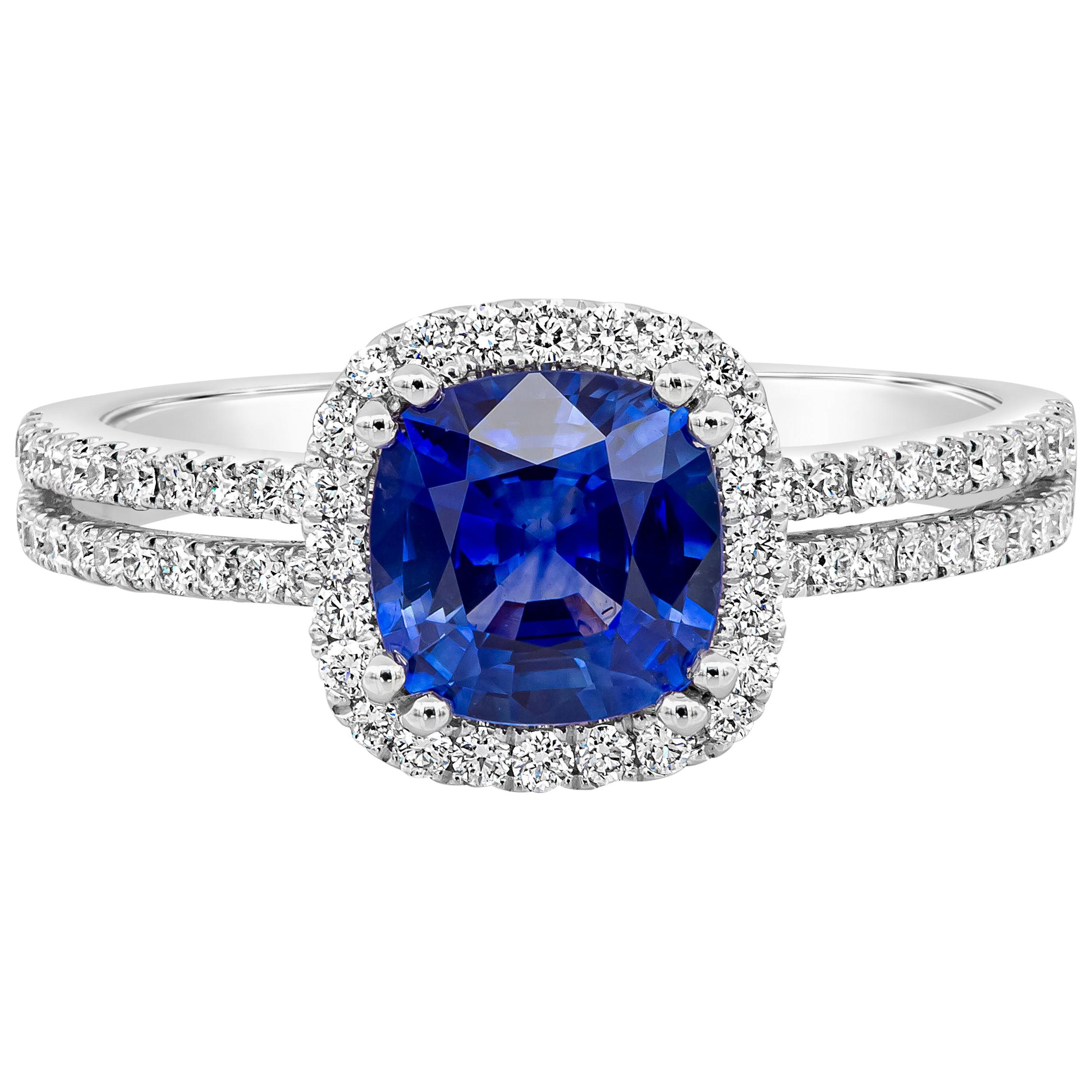 Roman Malakov Cushion Cut Blue Sapphire and Diamond Halo Engagement Ring