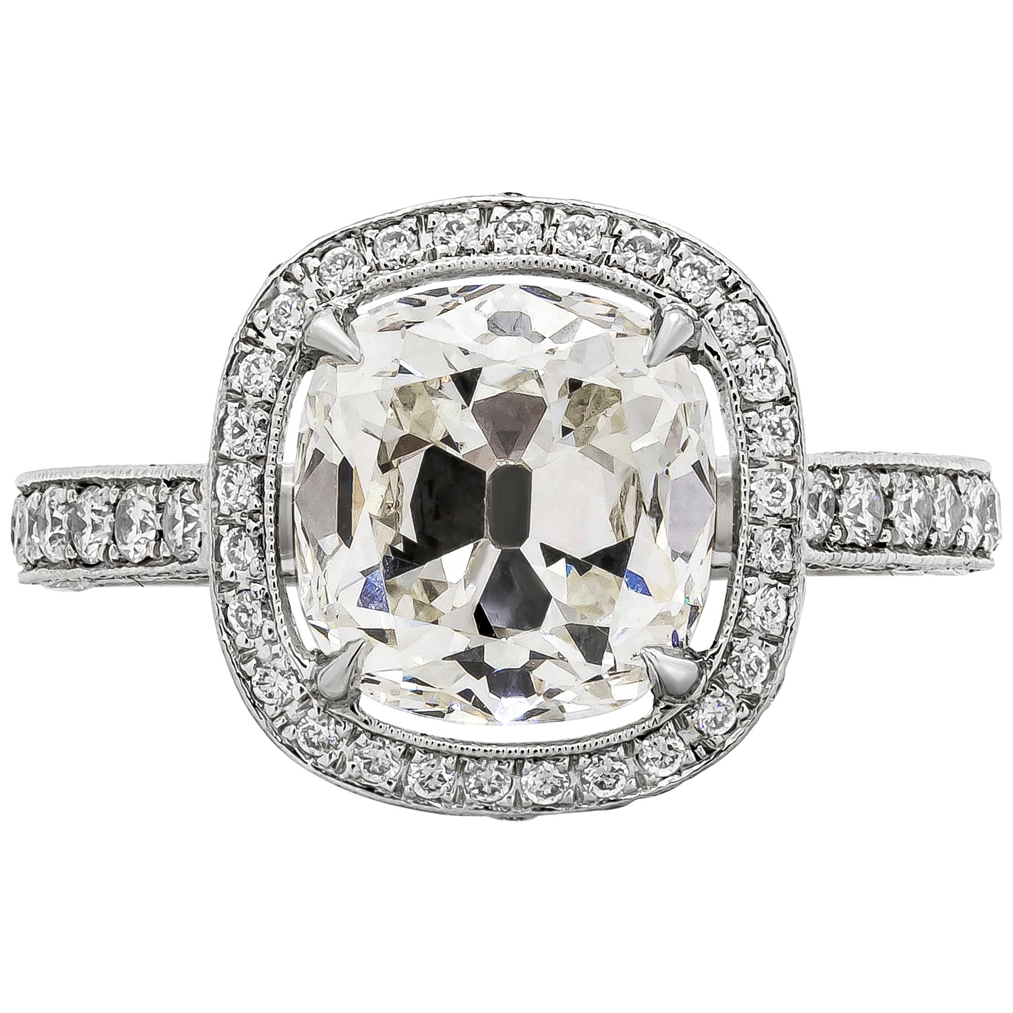 GIA Certified 3.02 Carats Total Antique Cushion Cut Diamond Halo Engagement Ring