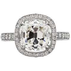 GIA Certified 3.02 Carats Total Antique Cushion Cut Diamond Halo Engagement Ring