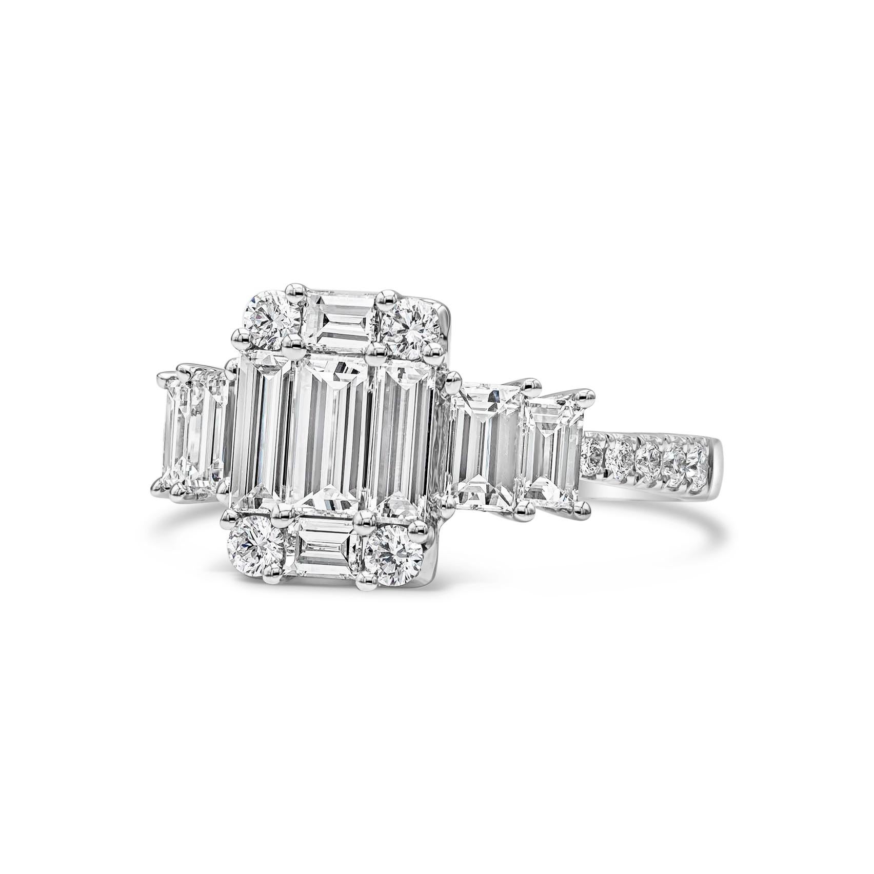Showcasing a cluster of baguette and round diamonds, arranged like an emerald cut diamond. Flanking the center are two smaller baguette cut diamonds on either side and set in a diamond encrusted shank in a pave setting. Baguette diamonds weigh 1.51