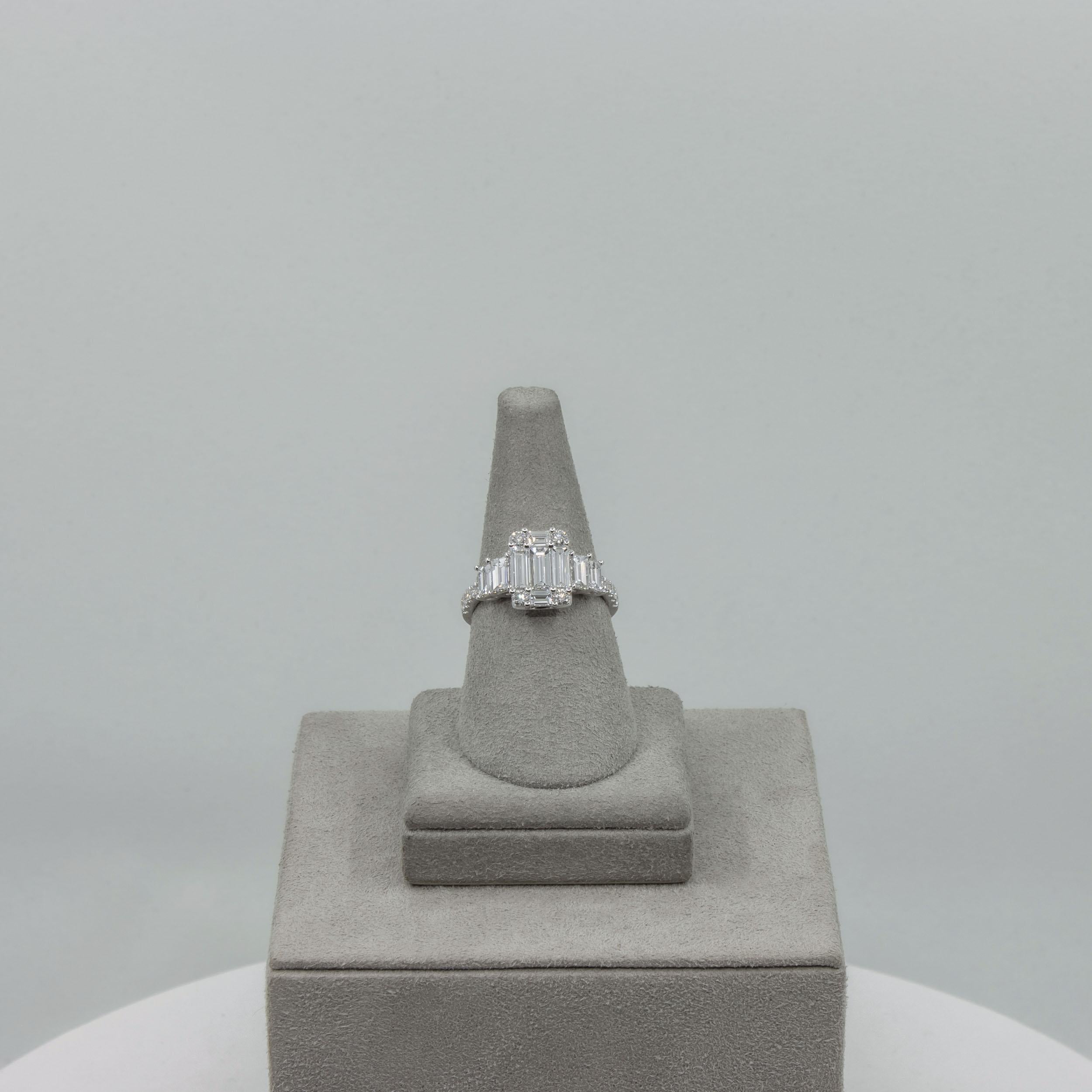 1.51 Carats Total Baguette Cut Illusion Diamond Cluster Engagement Ring In New Condition For Sale In New York, NY