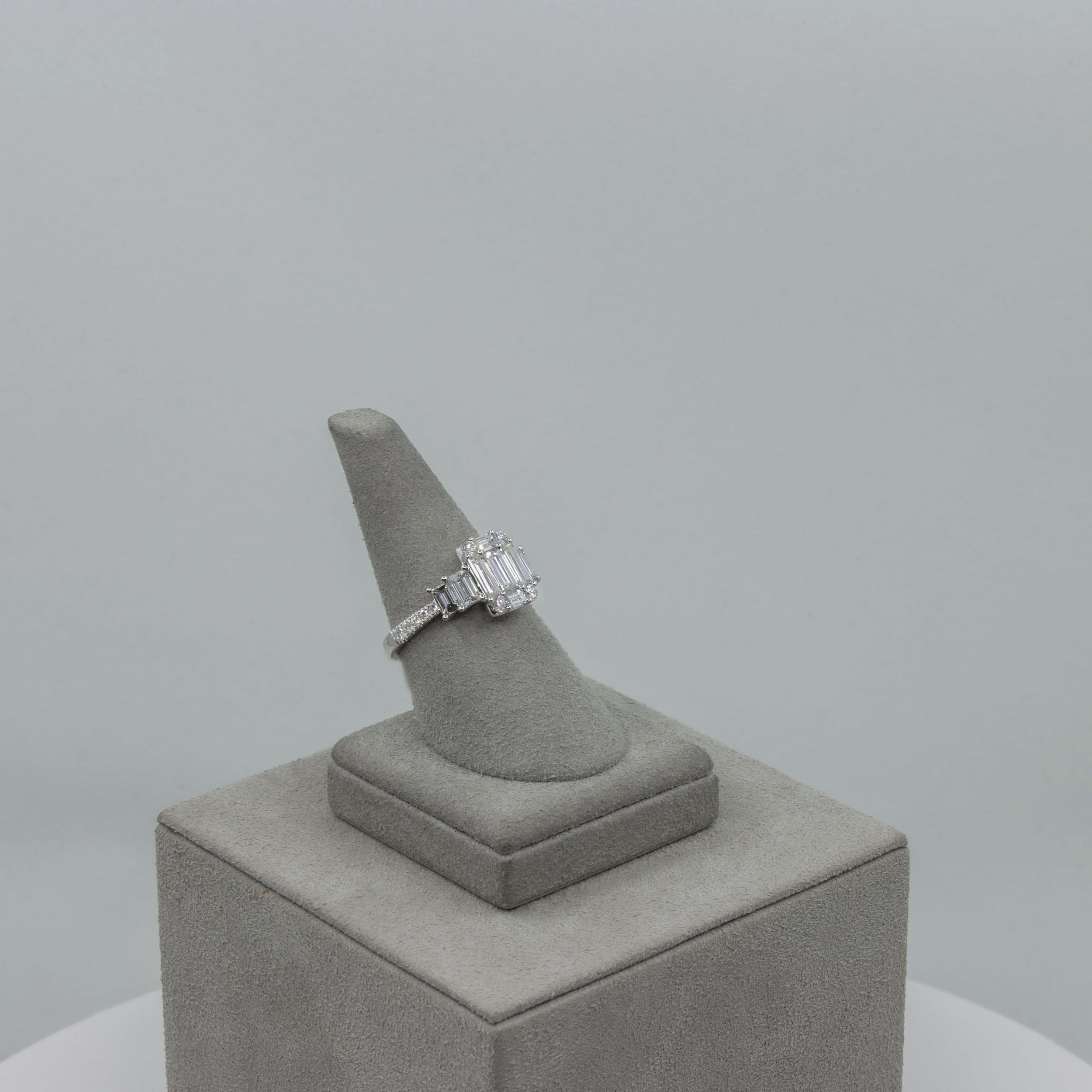 1.51 Carats Total Baguette Cut Illusion Diamond Cluster Engagement Ring For Sale 1