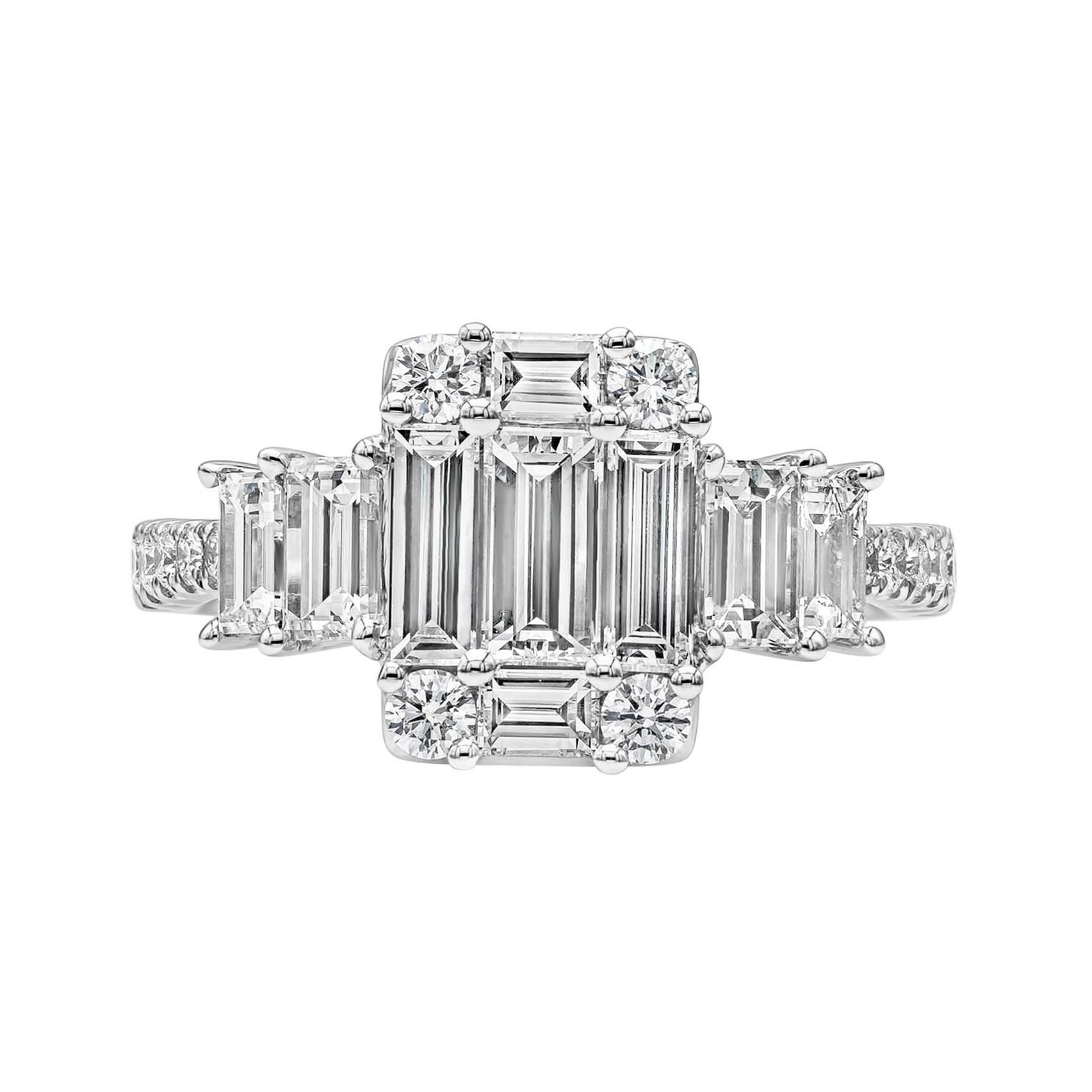 1.51 Carats Total Baguette Cut Illusion Diamond Cluster Engagement Ring For Sale