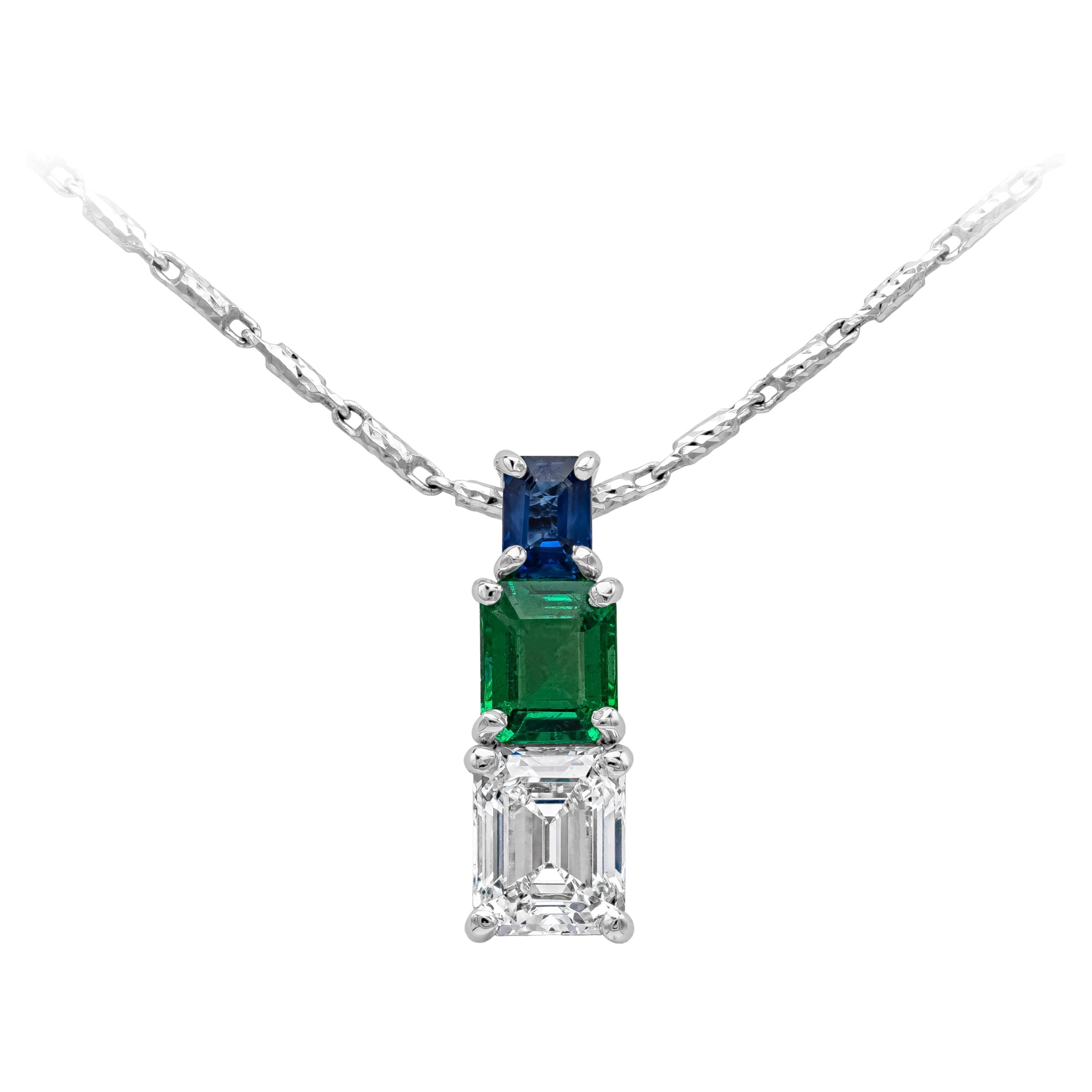 1.46 Carats Total Emerald Cut Emerald, Blue Sapphire & Diamond Pendant Necklace For Sale