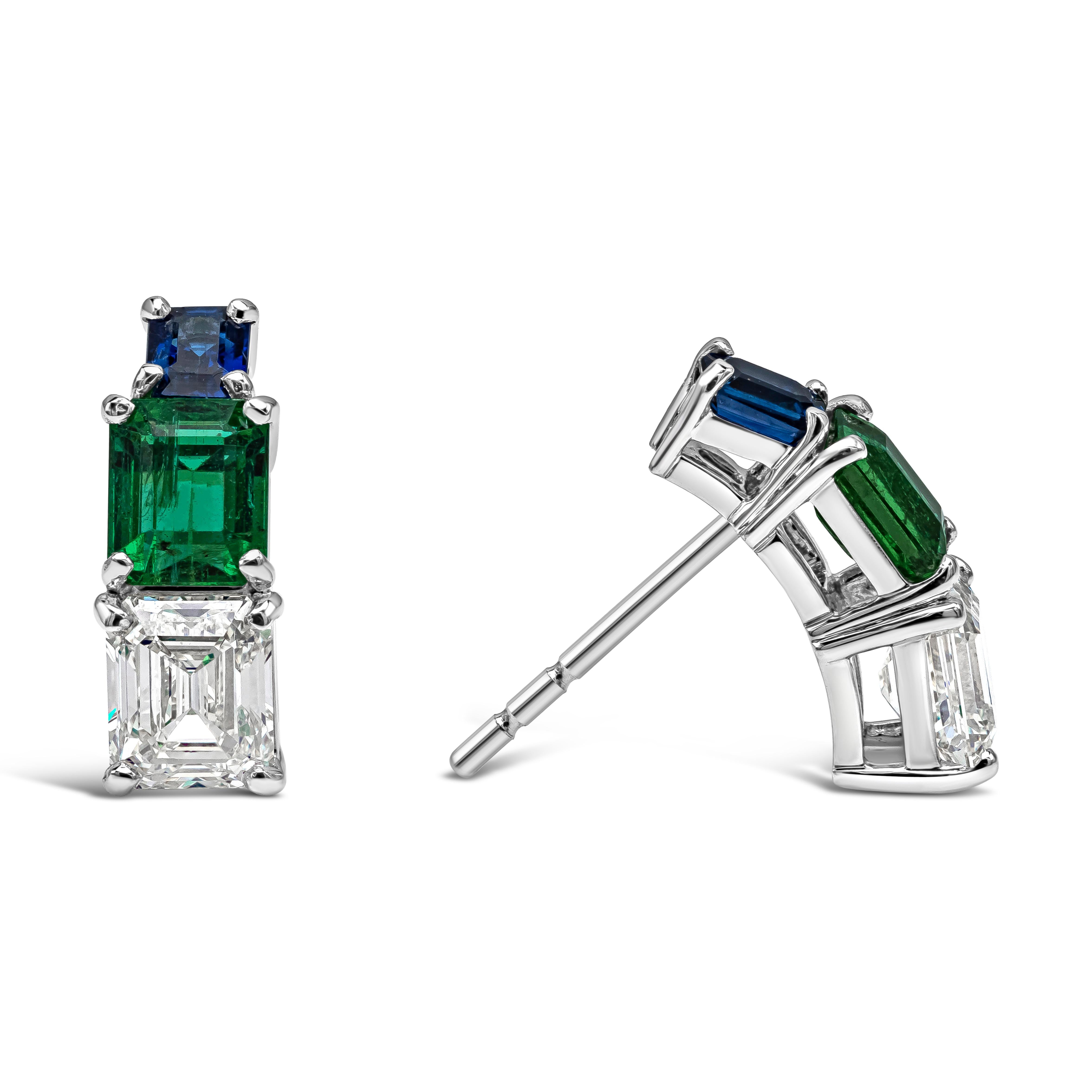 Contemporary Roman Malakov, Emerald, Sapphire and Diamond Semi-Hoop Stud Earrings