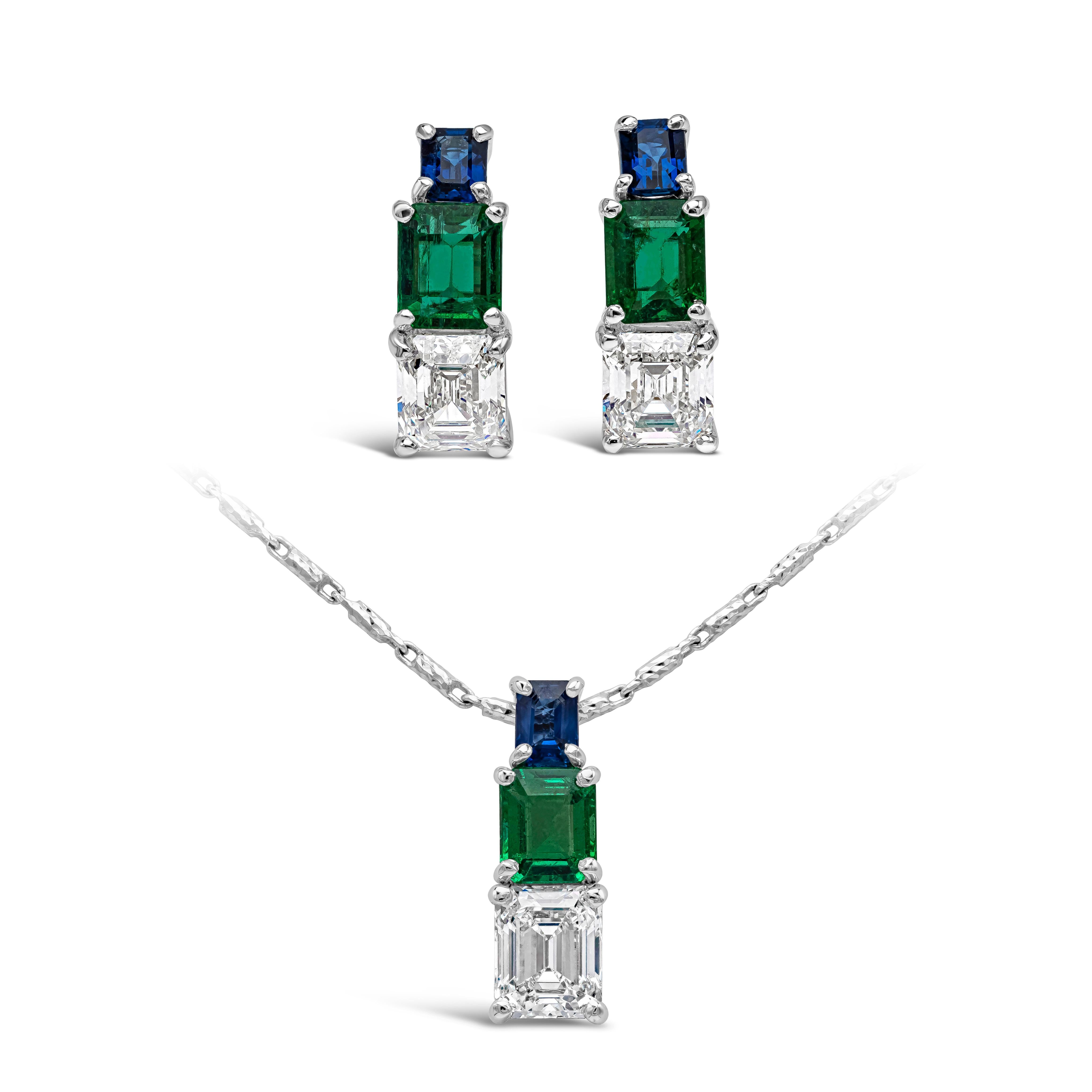 Emerald Cut Roman Malakov, Emerald, Sapphire and Diamond Semi-Hoop Stud Earrings