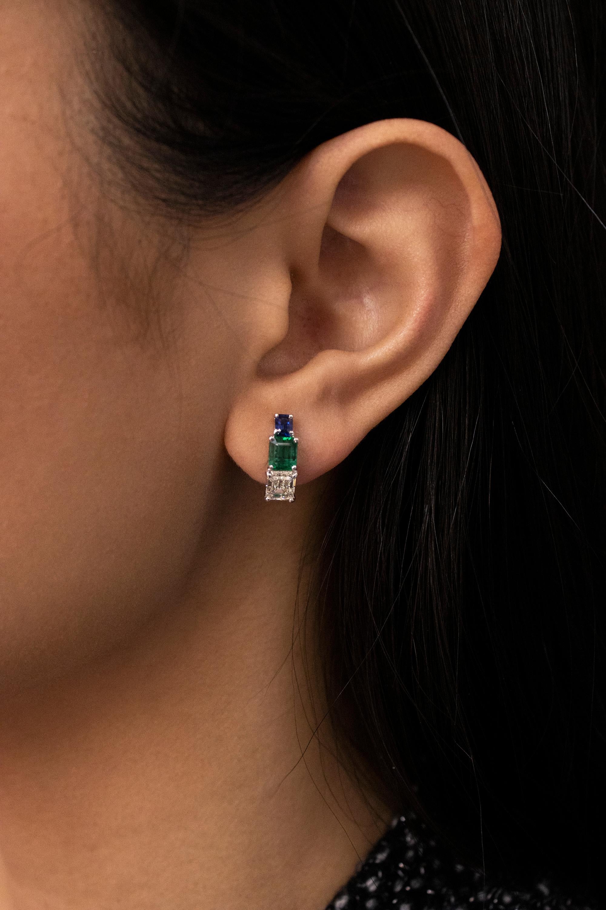 Roman Malakov, Emerald, Sapphire and Diamond Semi-Hoop Stud Earrings In New Condition In New York, NY