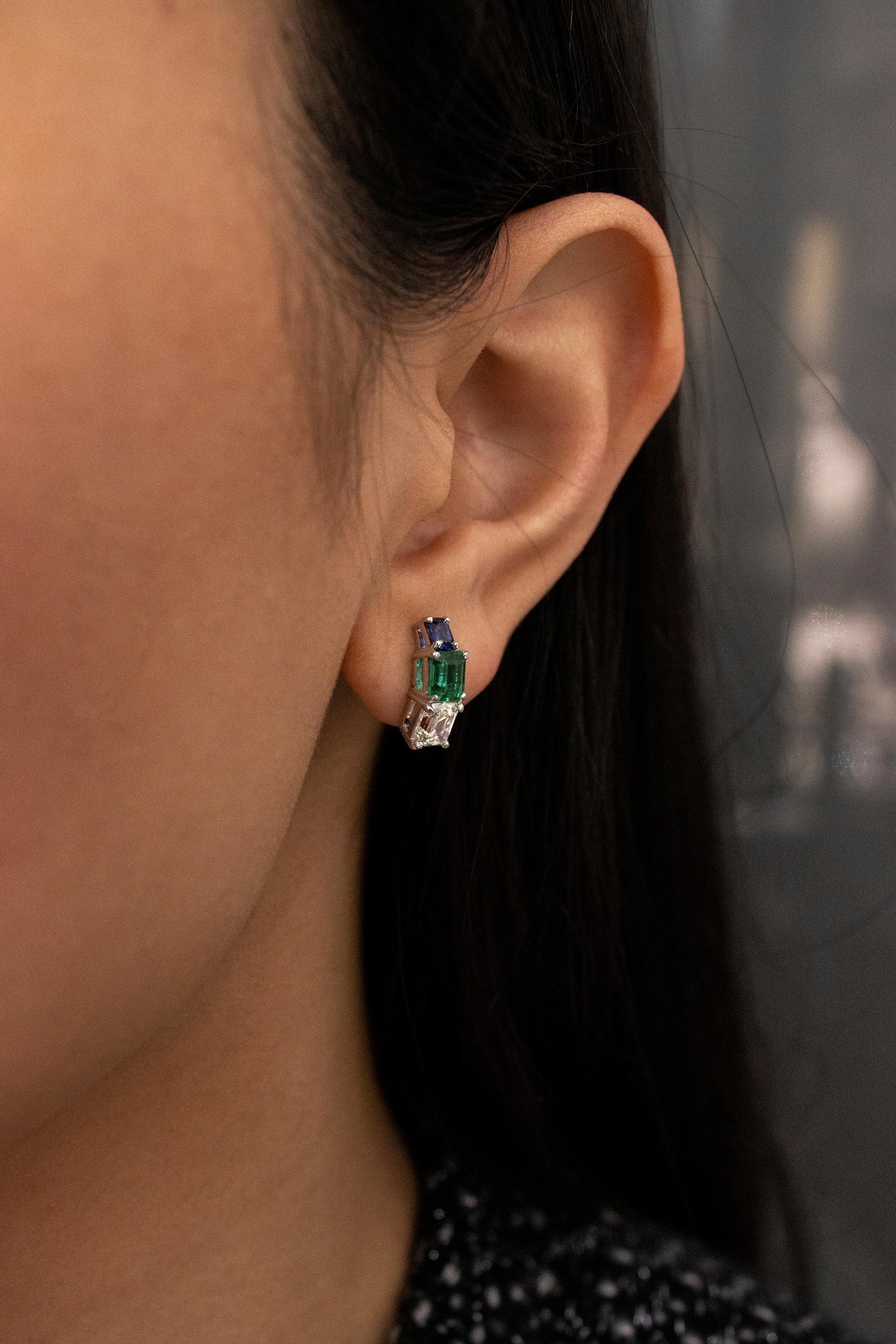 Women's Roman Malakov, Emerald, Sapphire and Diamond Semi-Hoop Stud Earrings