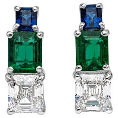Roman Malakov, Emerald, Sapphire and Diamond Semi-Hoop Stud Earrings