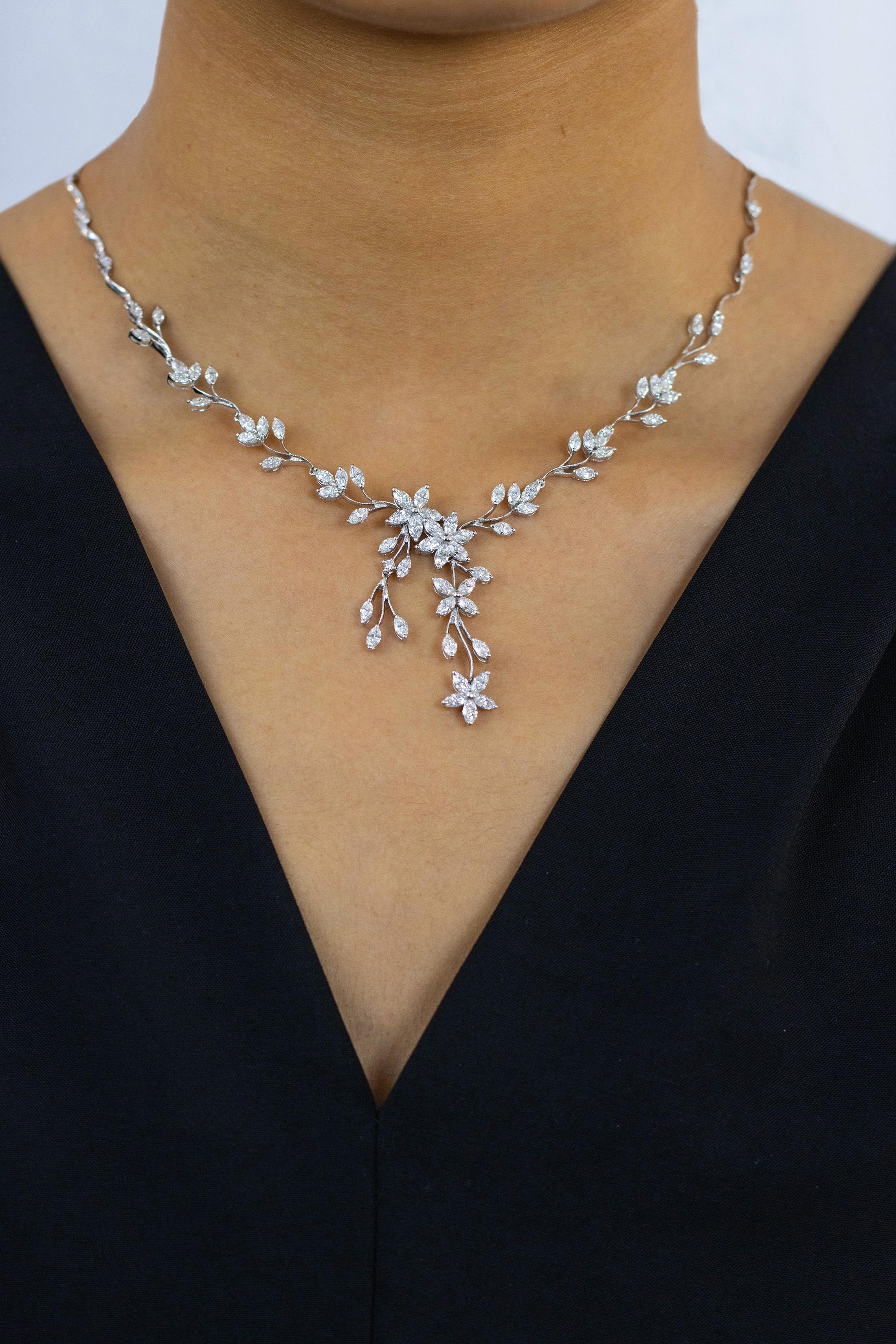 Women's Roman Malakov Floral Motif 7.03 Carats Total Marquise Cut Diamond Drop Necklace For Sale