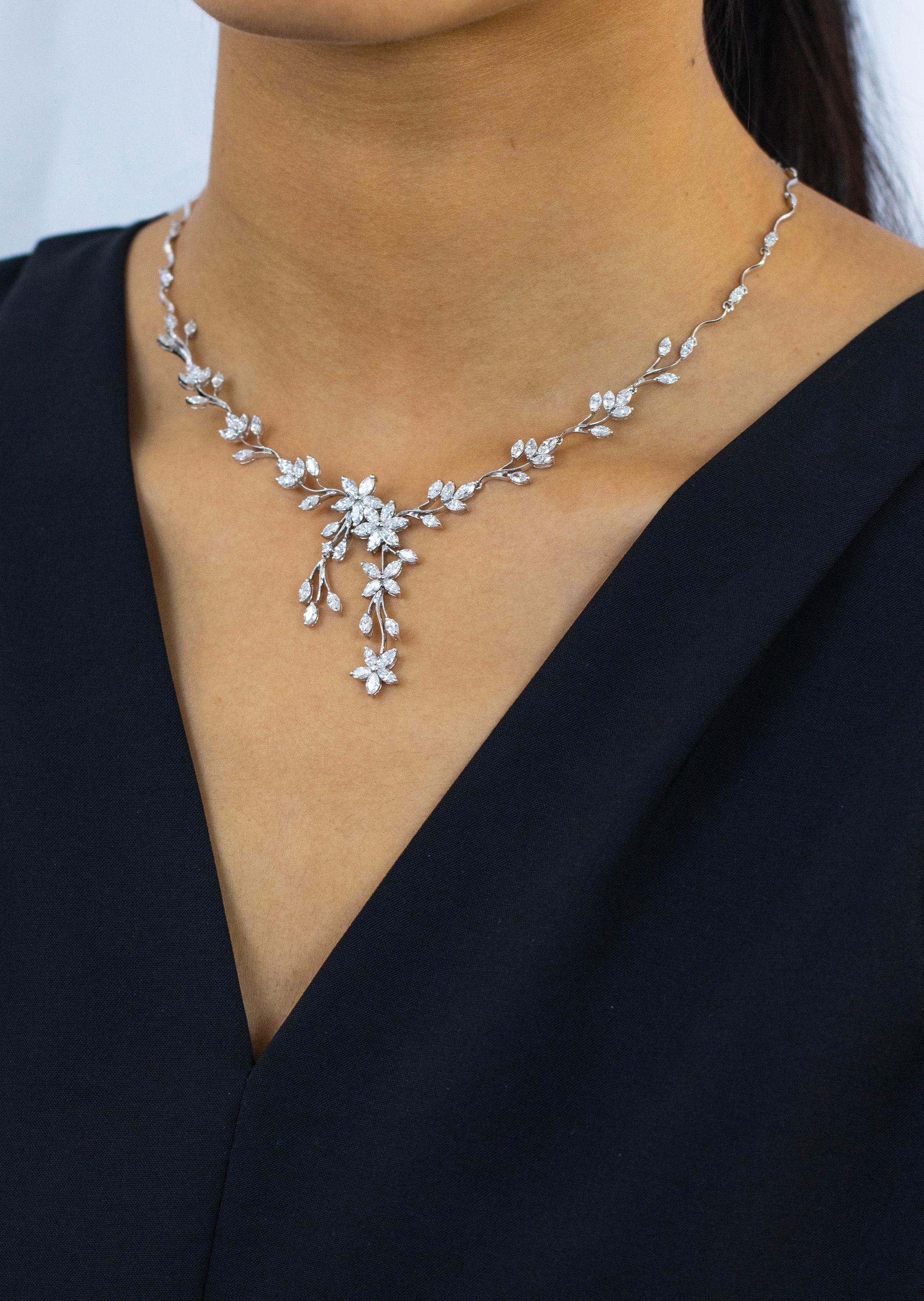Roman Malakov Floral Motif 7.03 Carats Total Marquise Cut Diamond Drop Necklace For Sale 1