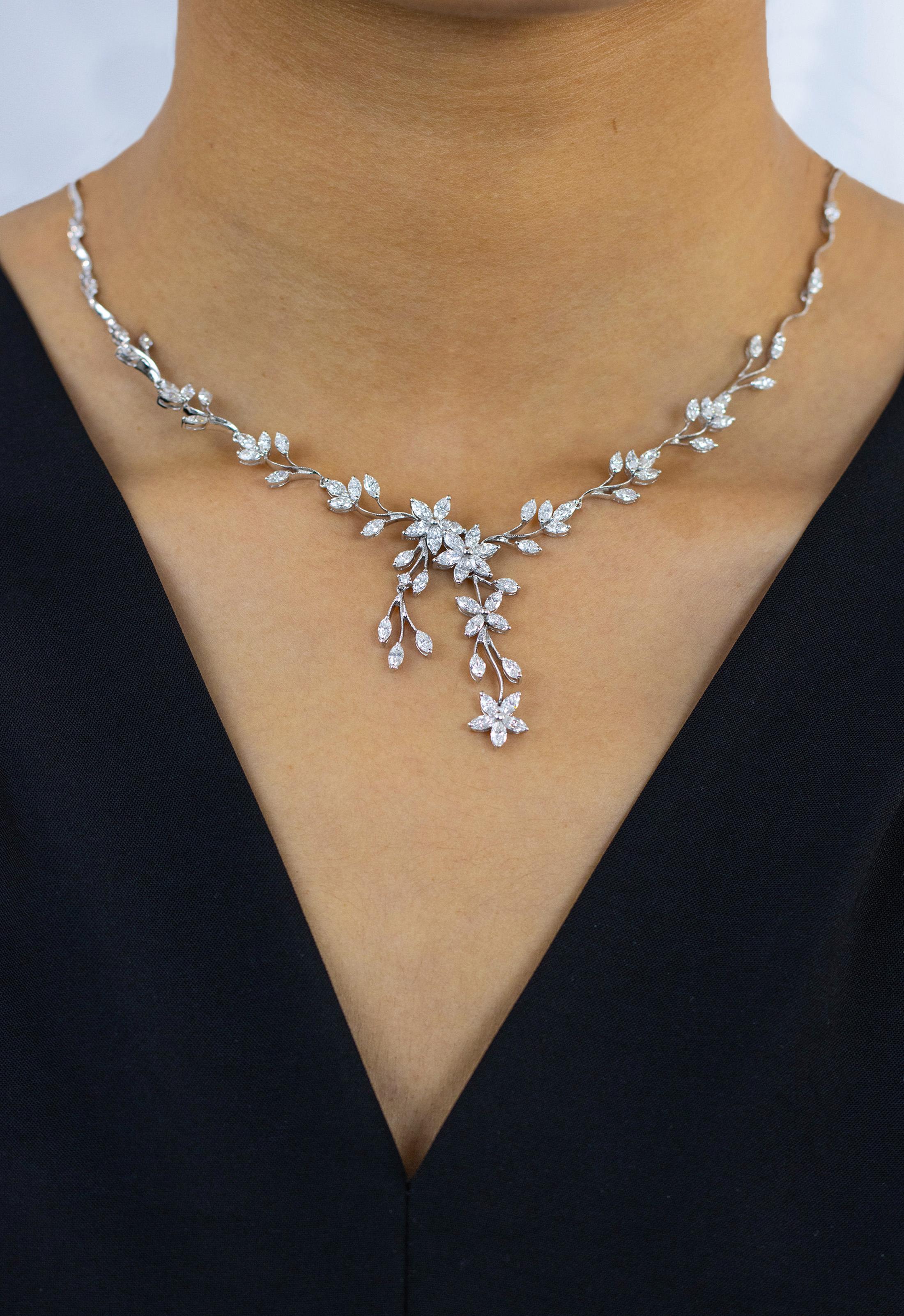 Roman Malakov Floral Motif 7.03 Carats Total Marquise Cut Diamond Drop Necklace For Sale 2