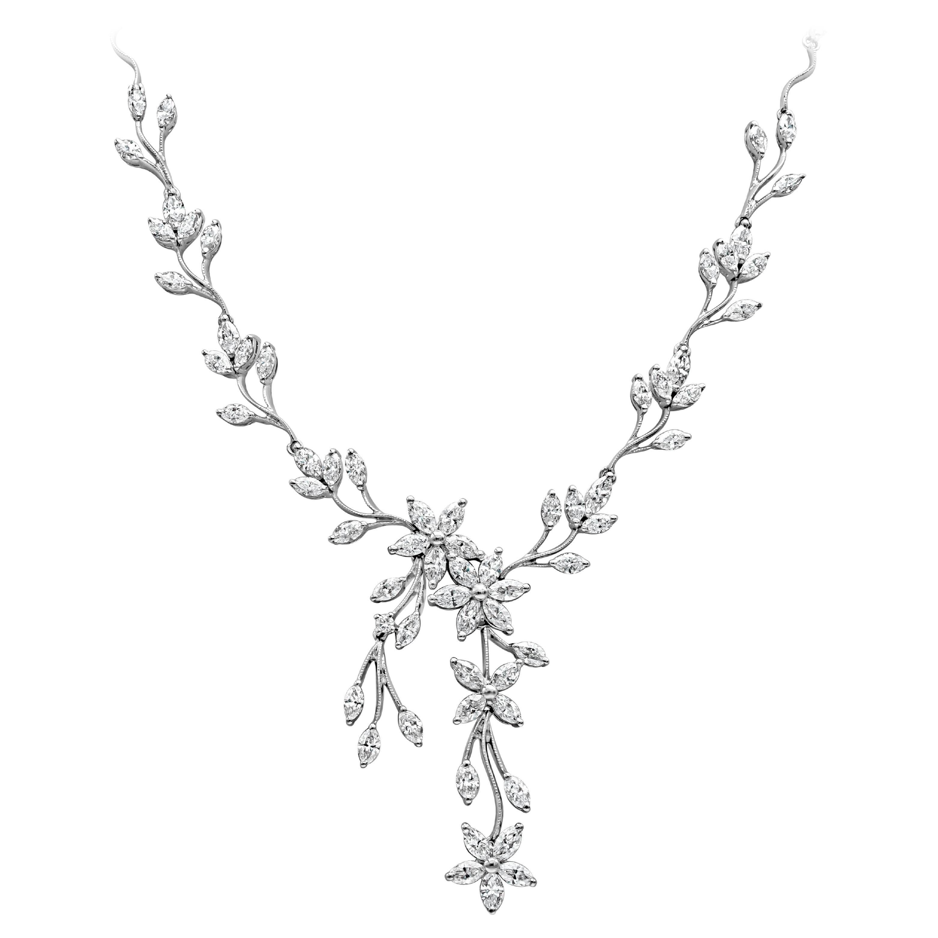 Roman Malakov Floral Motif 7.03 Carats Total Marquise Cut Diamond Drop Necklace