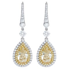 Pendants d'oreilles avec double halo de diamants jaunes certifiés GIA de 4,19 carats au total