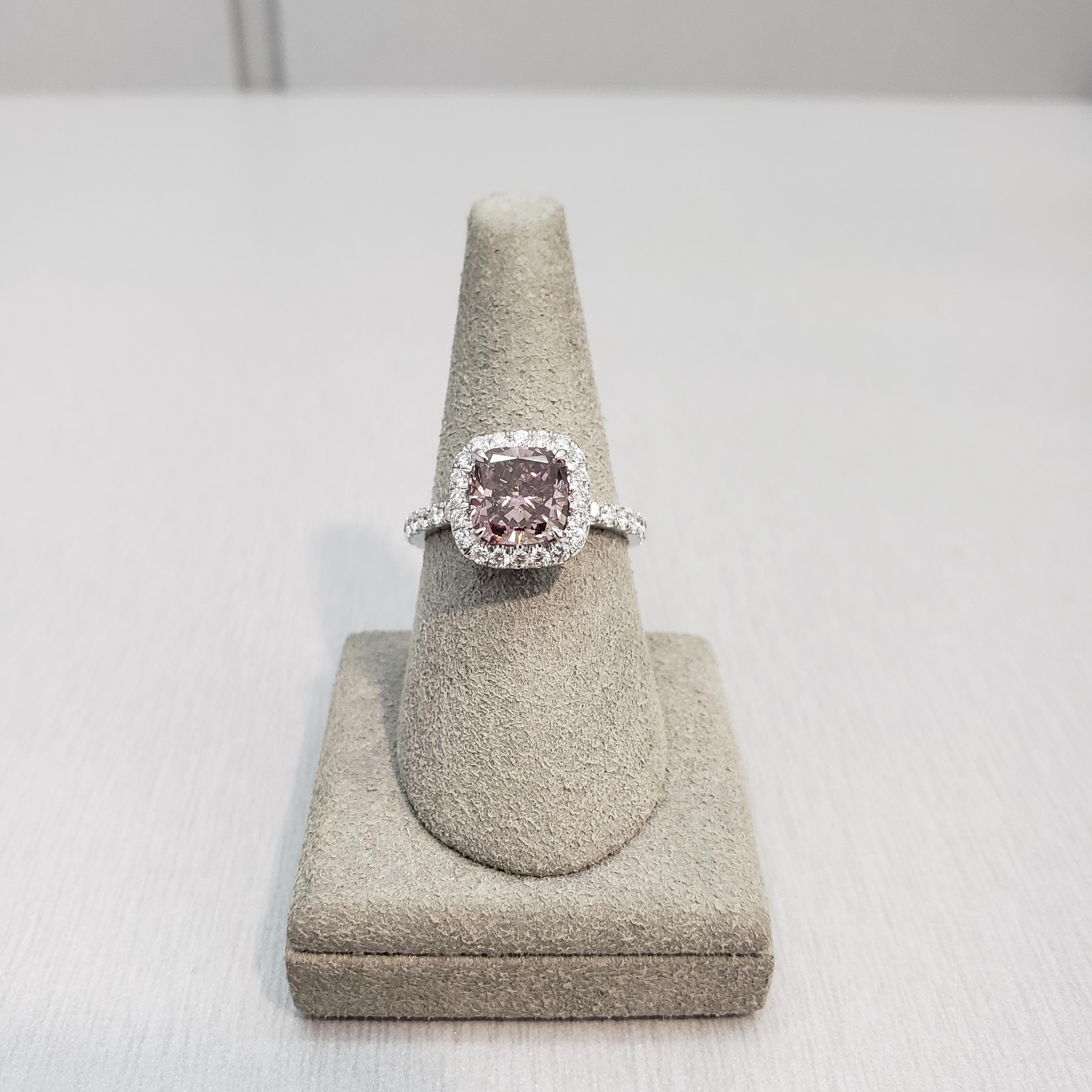 GIA Certified 2.16 Carats Cushion Cut Pink Diamond Halo Engagement Ring In New Condition For Sale In New York, NY