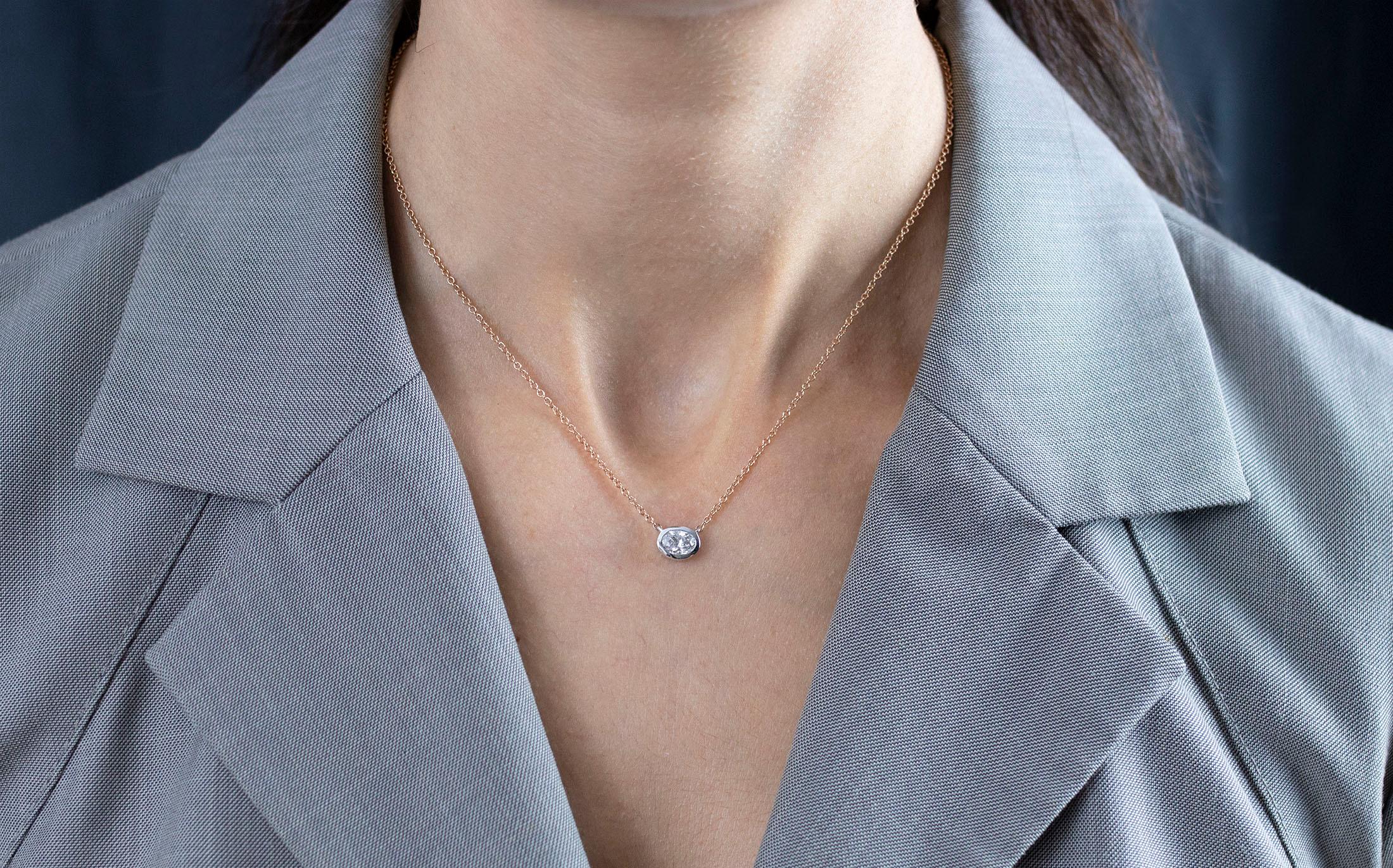 Contemporary Roman Malakov GIA Certified 1.03 Carat Oval Cut Diamond Bezel Pendant Necklace For Sale