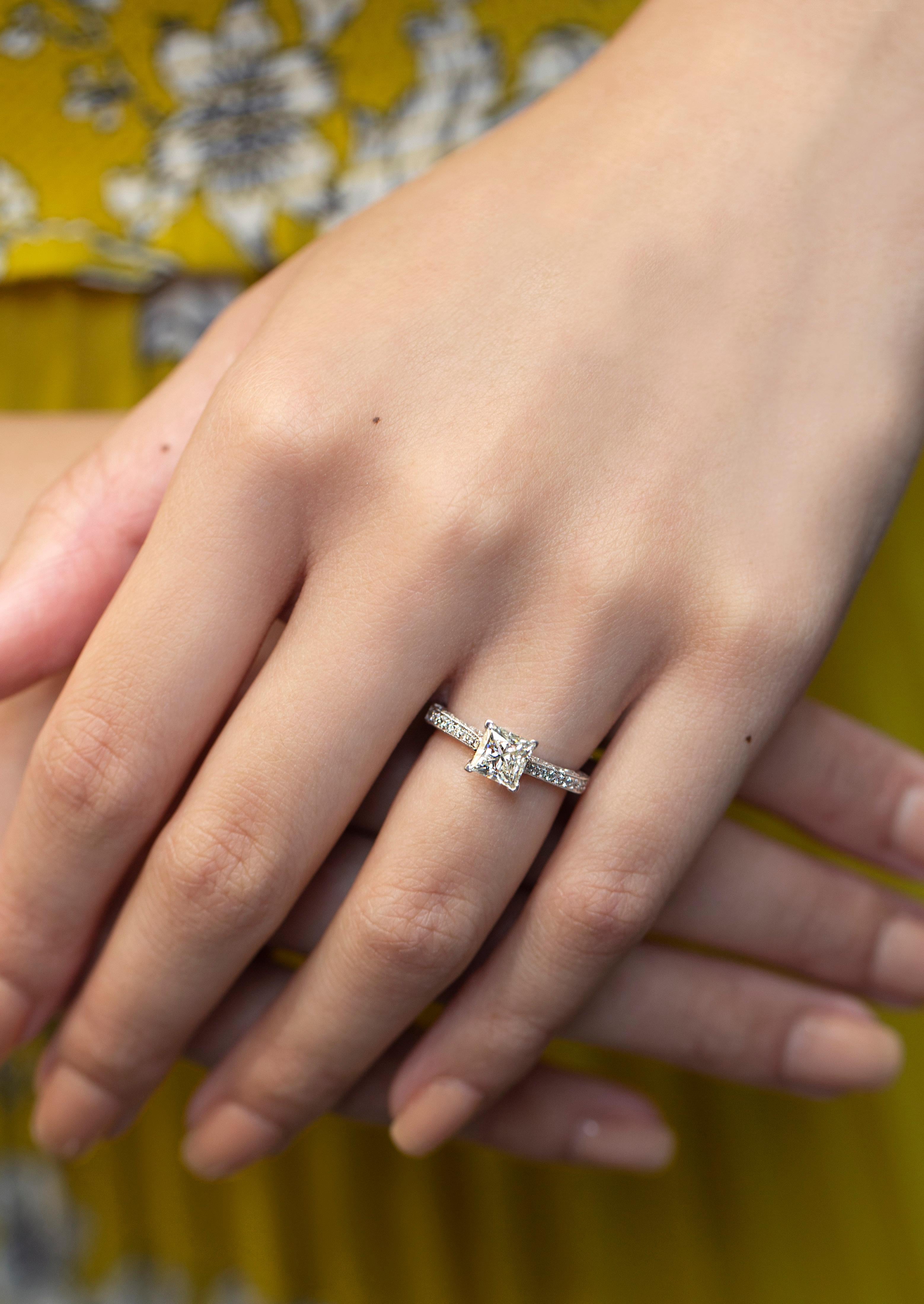 Contemporary GIA Certified 1.22 Carats Princess Cut Diamond Antique Style Engagement Ring For Sale