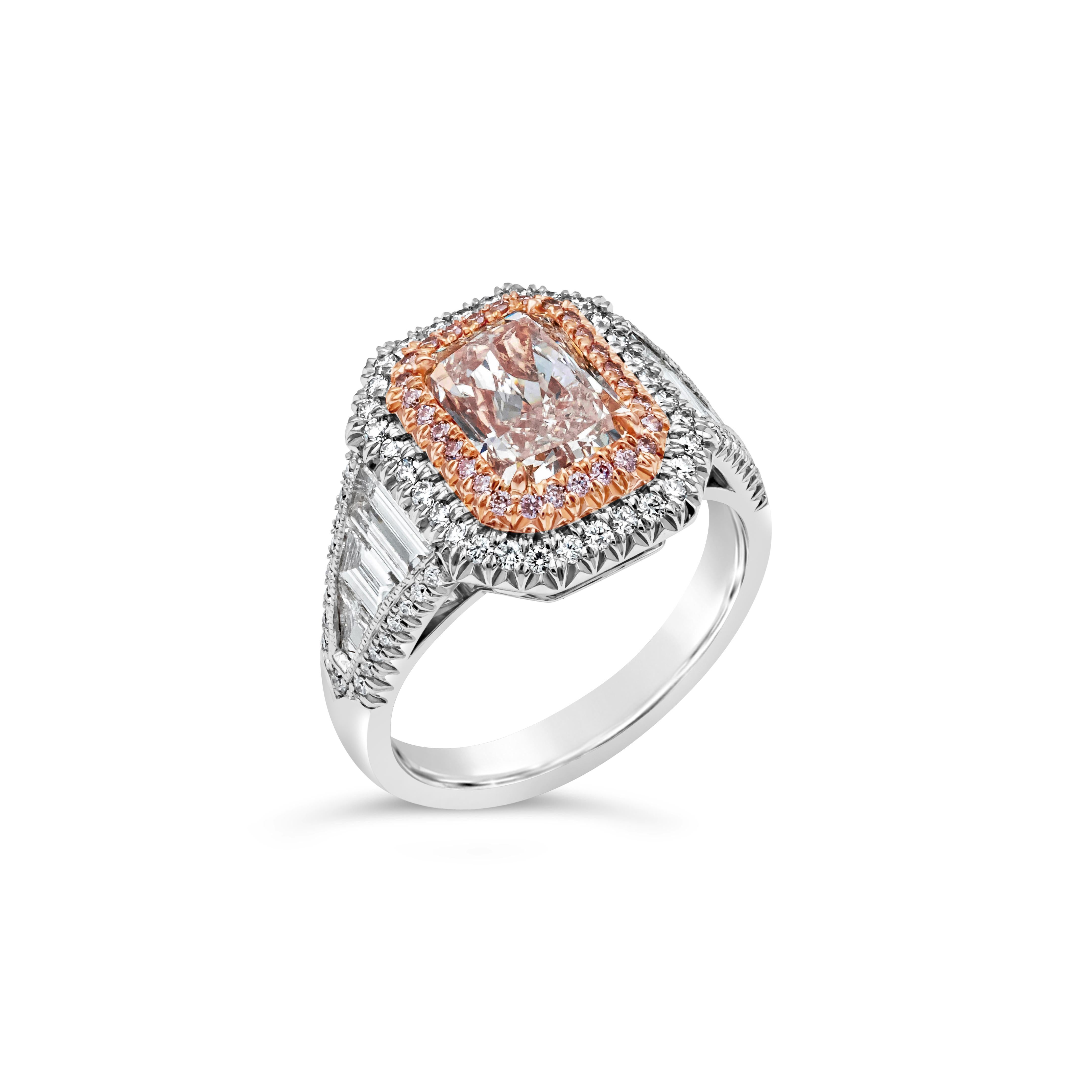 This beautiful and rare 2.01 carat radiant cut diamond certified by GIA as light brownish pink color, SI2 clarity. Center diamond is set in a double halo setting set with pink and white diamonds. Made in 18k rose gold and platinum. Accent pink