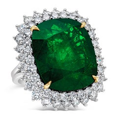 GIA Certified 24.75 Carats Cushion Cut Emerald & Diamond Halo Cocktail Ring