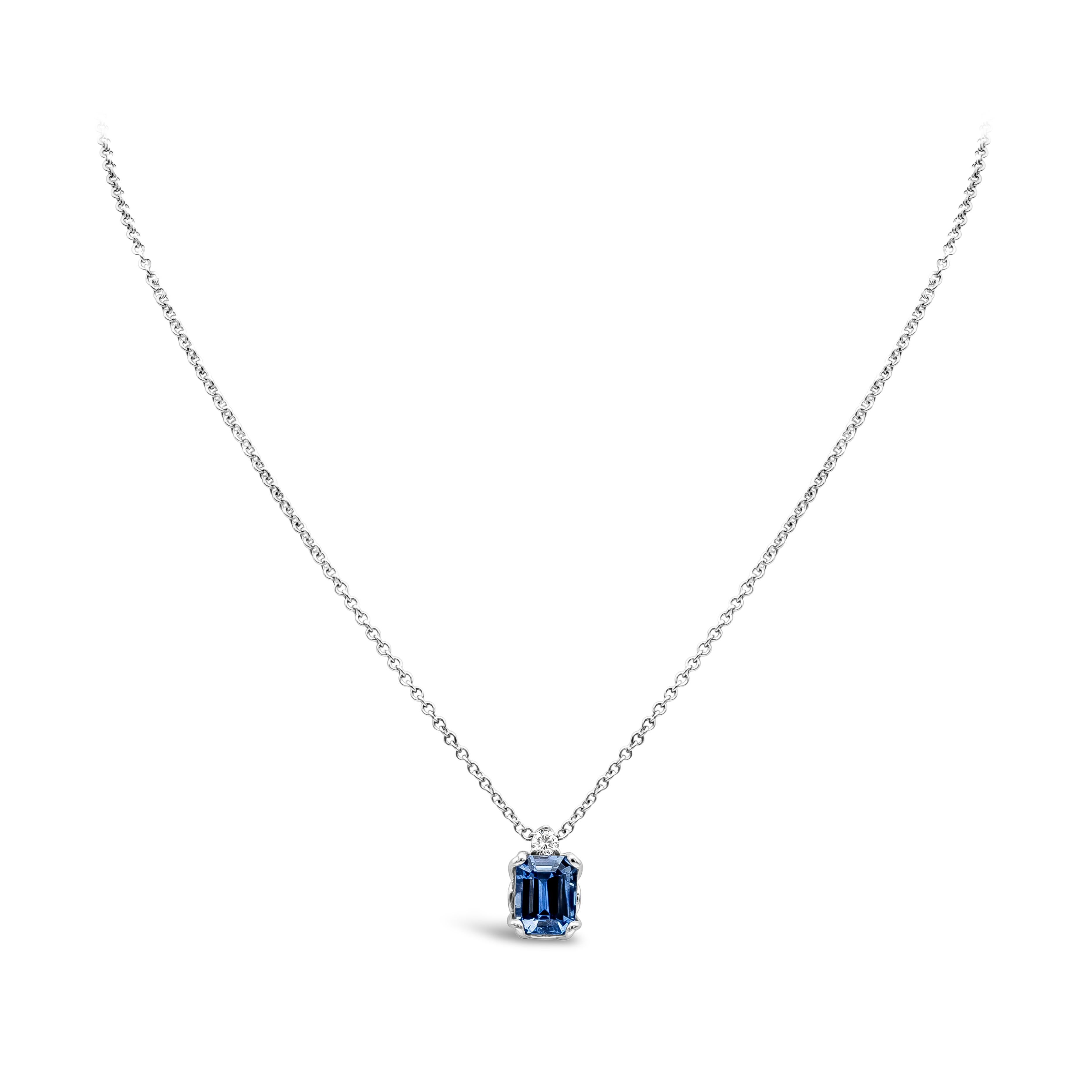 This stunning pendant necklace showcasing a GIA Certified 2.77 carat emerald cut blue sapphire center stone, with 1 round brilliant diamonds that weighs 0.09 carats in total, F color, VS clarity, and set in 18k White Gold. 18 inches in Length.