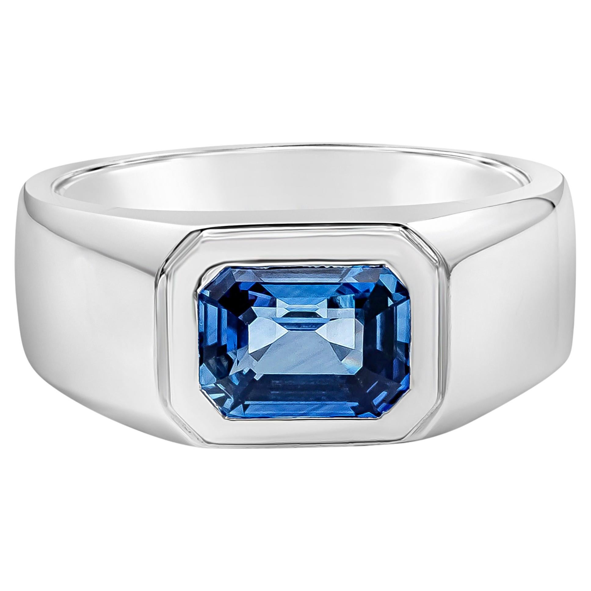 Roman Malakov GIA Certified 2.98 Carat Emerald Cut Blue Sapphire Ring For Sale