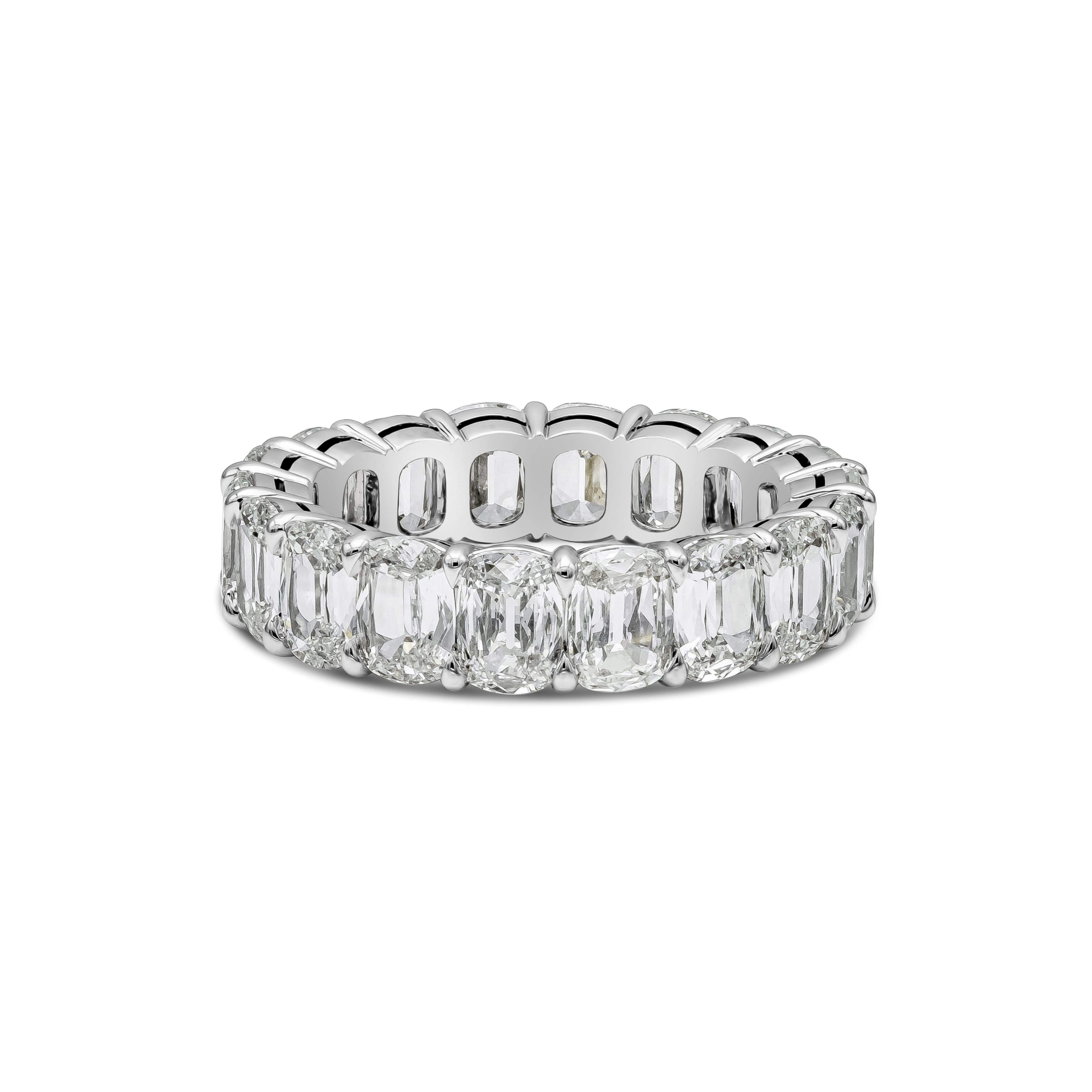 A classic and fine quality eternity wedding band handcrafted by Roman Malakov Diamonds in New York City. Showcasing 18 perfectly matched brilliant cushion cut diamonds weighing 5.66 carats total, set in an open-gallery style mounting made in