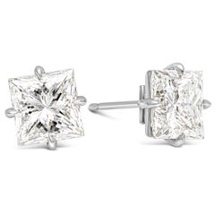 GIA Certified 6.07 Carats Total Princess Brilliant Cut Diamond Stud Earrings