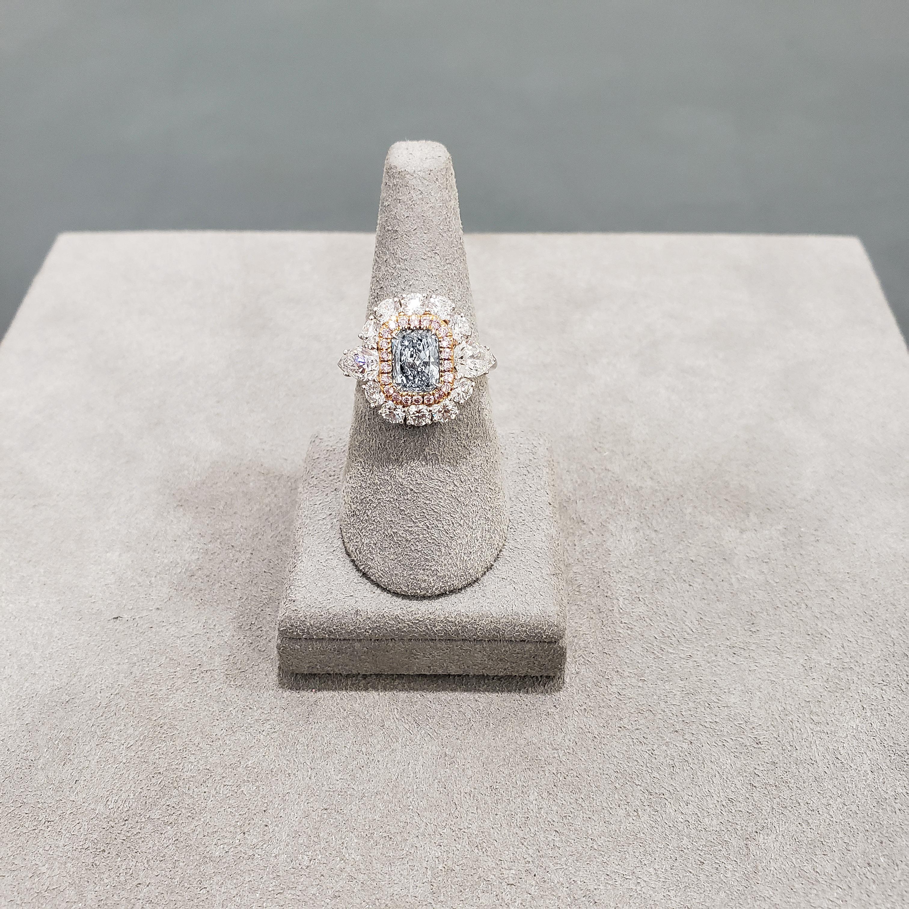 Contemporary GIA Certified 1.09 Carats Radiant Cut Blue Diamond Double Halo Engagement Ring For Sale