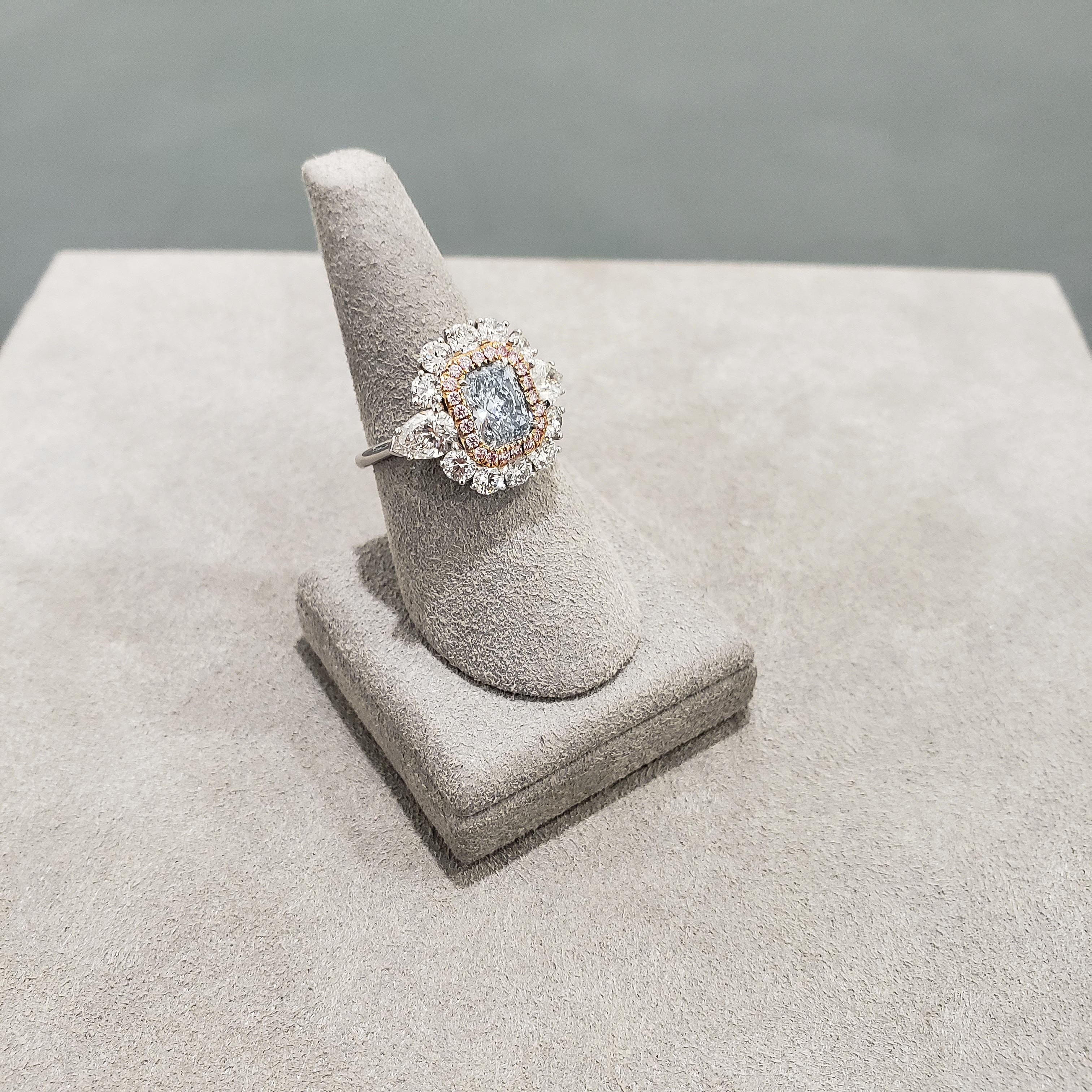 GIA Certified 1.09 Carats Radiant Cut Blue Diamond Double Halo Engagement Ring In New Condition For Sale In New York, NY