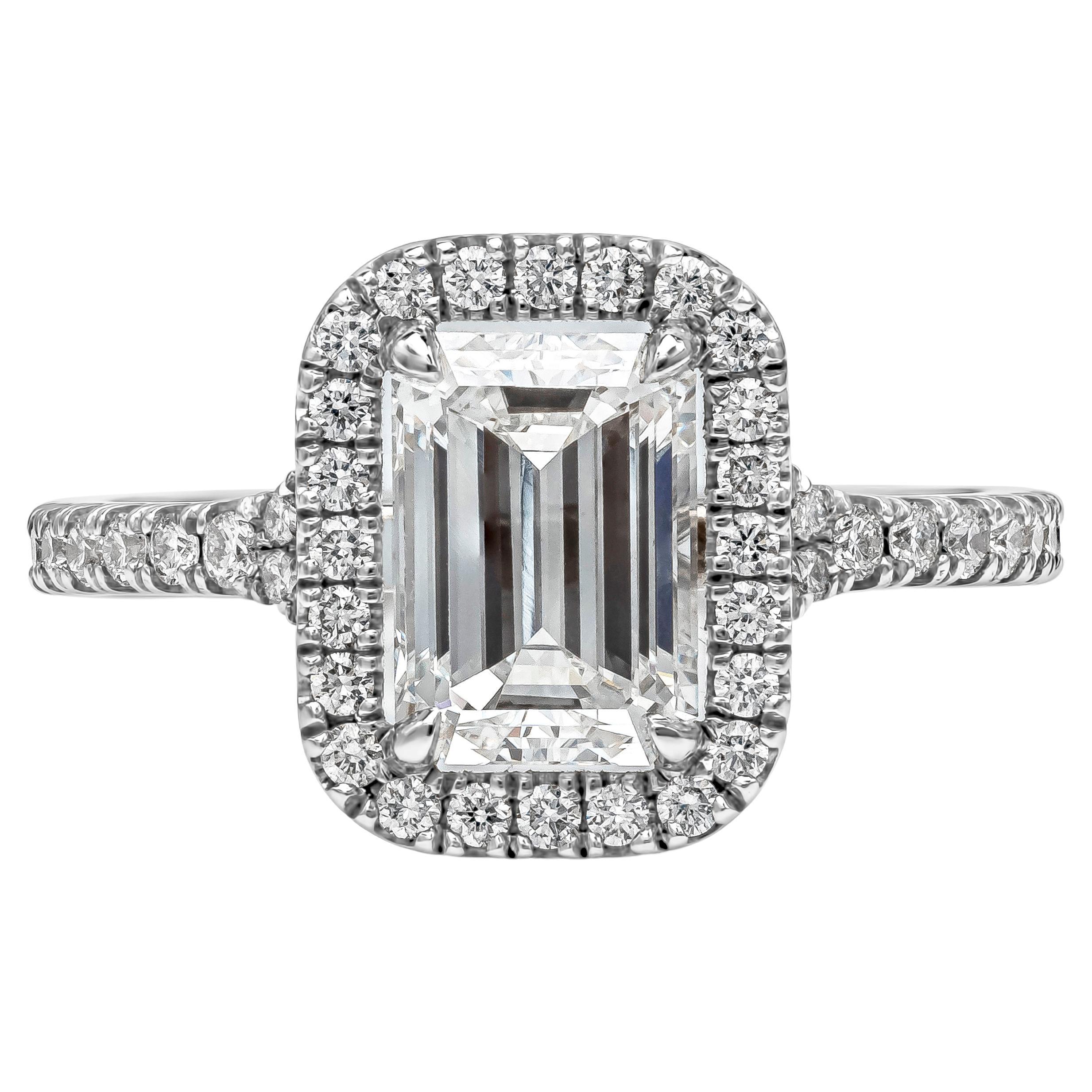 Roman Malakov GIA Certified 1.60 Carats Emerald Cut Diamond Halo Engagement Ring For Sale