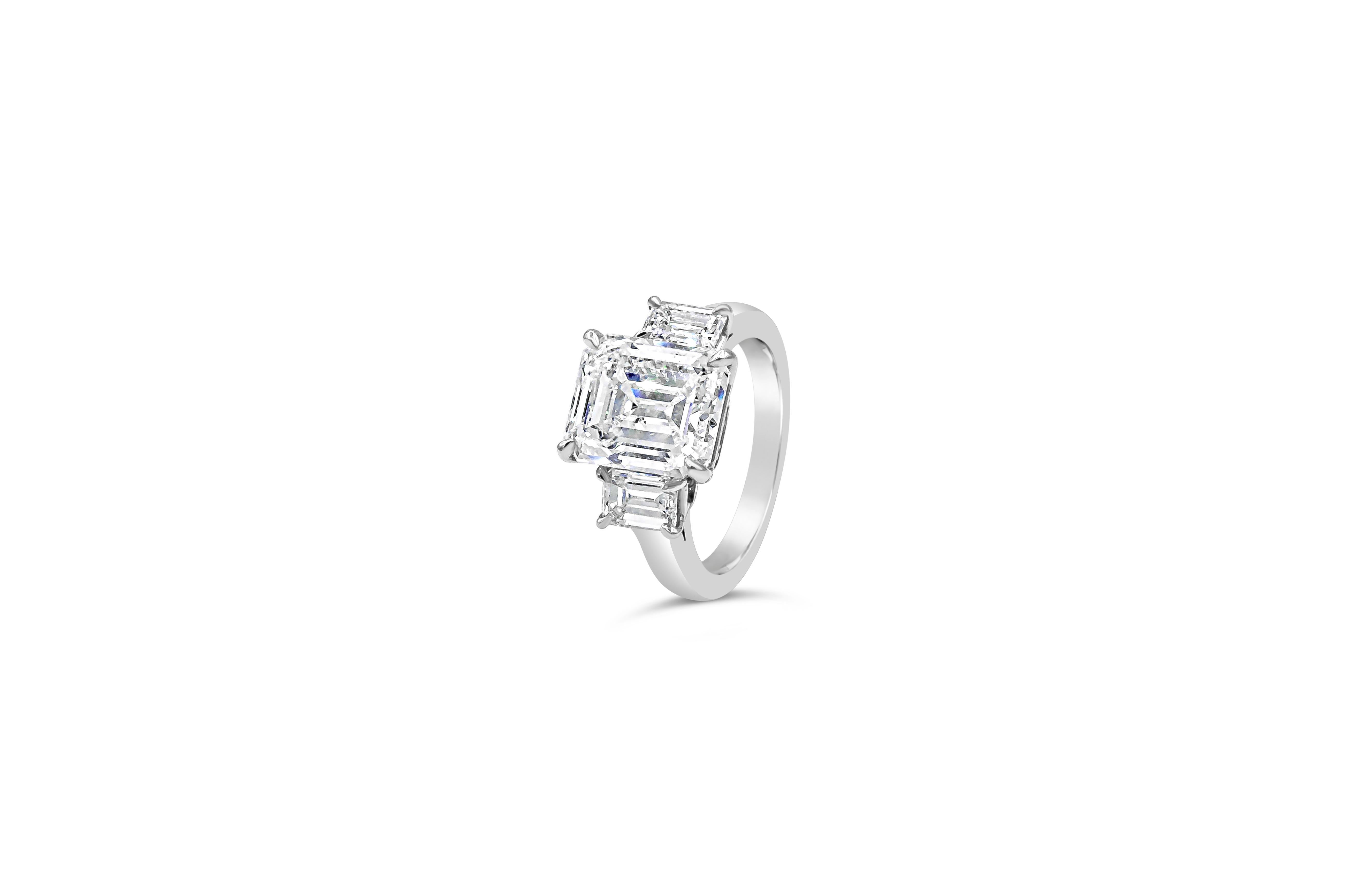 Contemporary Roman Malakov GIA Certified 5.16 Emerald Cut Diamond Three-Stone Engagement Ring For Sale