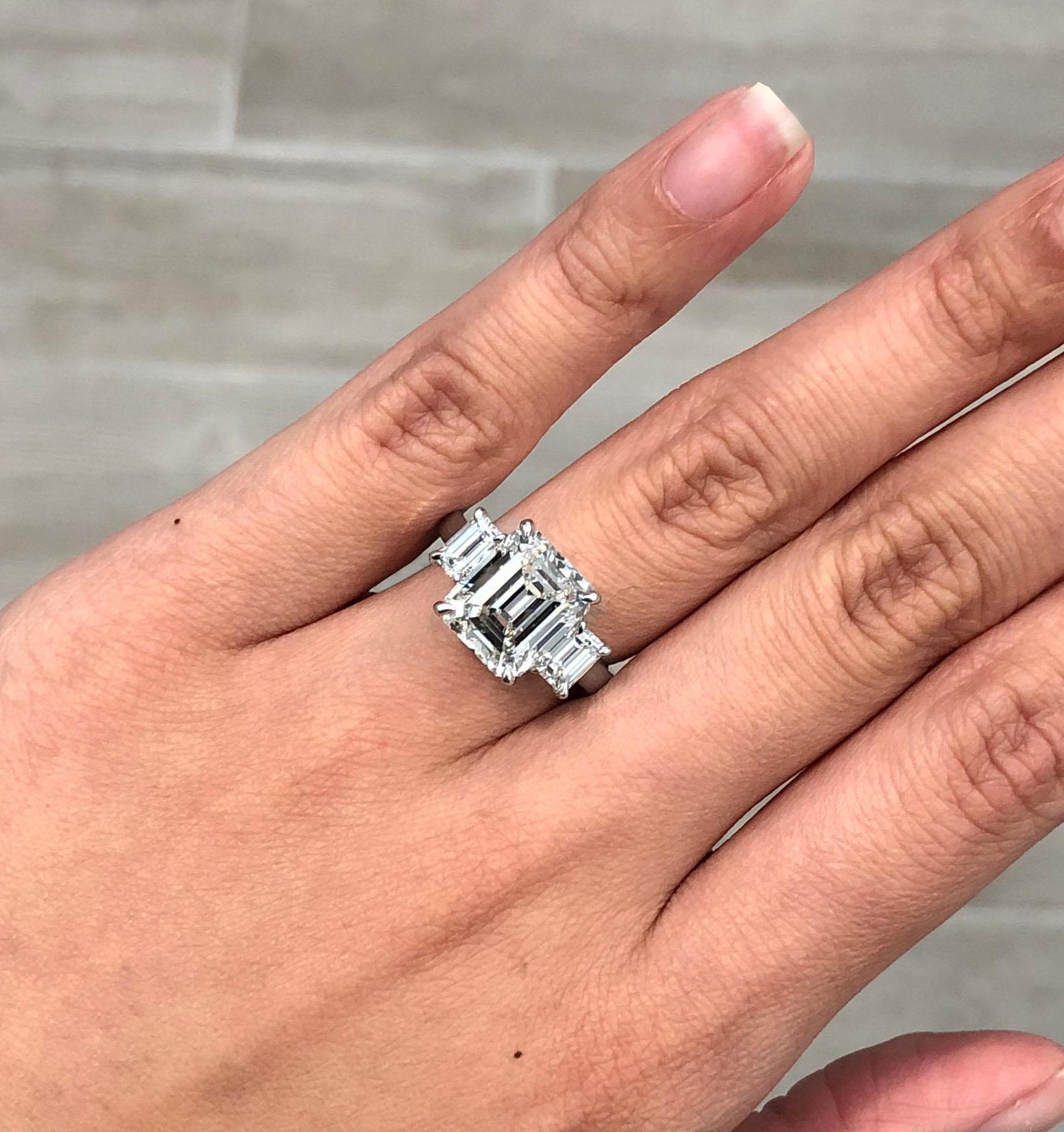 Women's Roman Malakov GIA Certified 5.16 Emerald Cut Diamond Three-Stone Engagement Ring For Sale