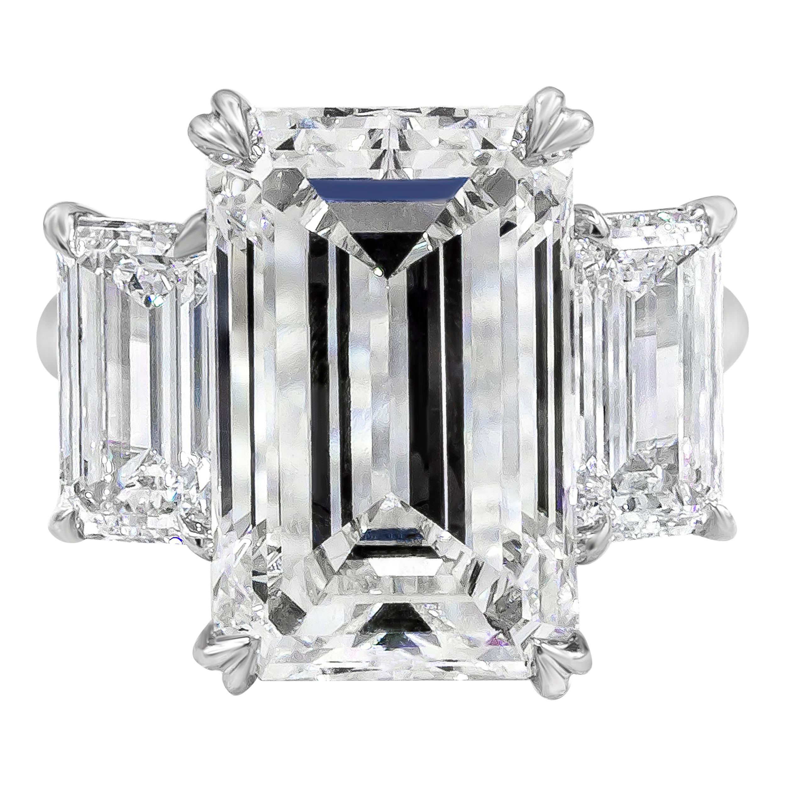 GIA Certified 9.82 Carats Emerald Cut Diamond Three-Stone Engagement Ring