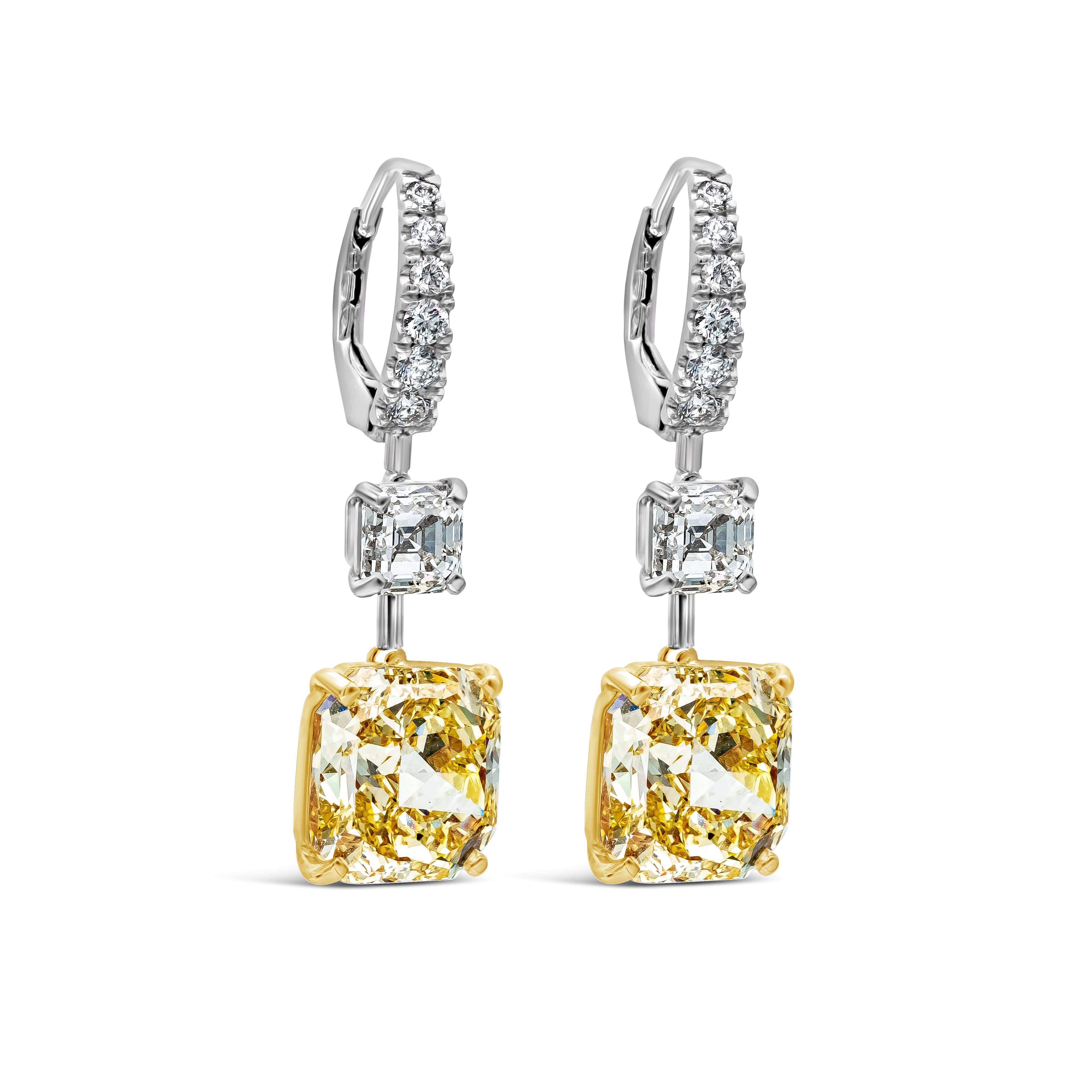 These gorgeous earrings feature 2 GIA Certified 8.48 Carat Total Radiant Cut Fancy Intense Yellow Color and VS1 in Clarity. Suspended on a GIA Certified Asscher cut white diamond weighing 1.42 carats total, H Color and VVS in Clarity. Accented lever