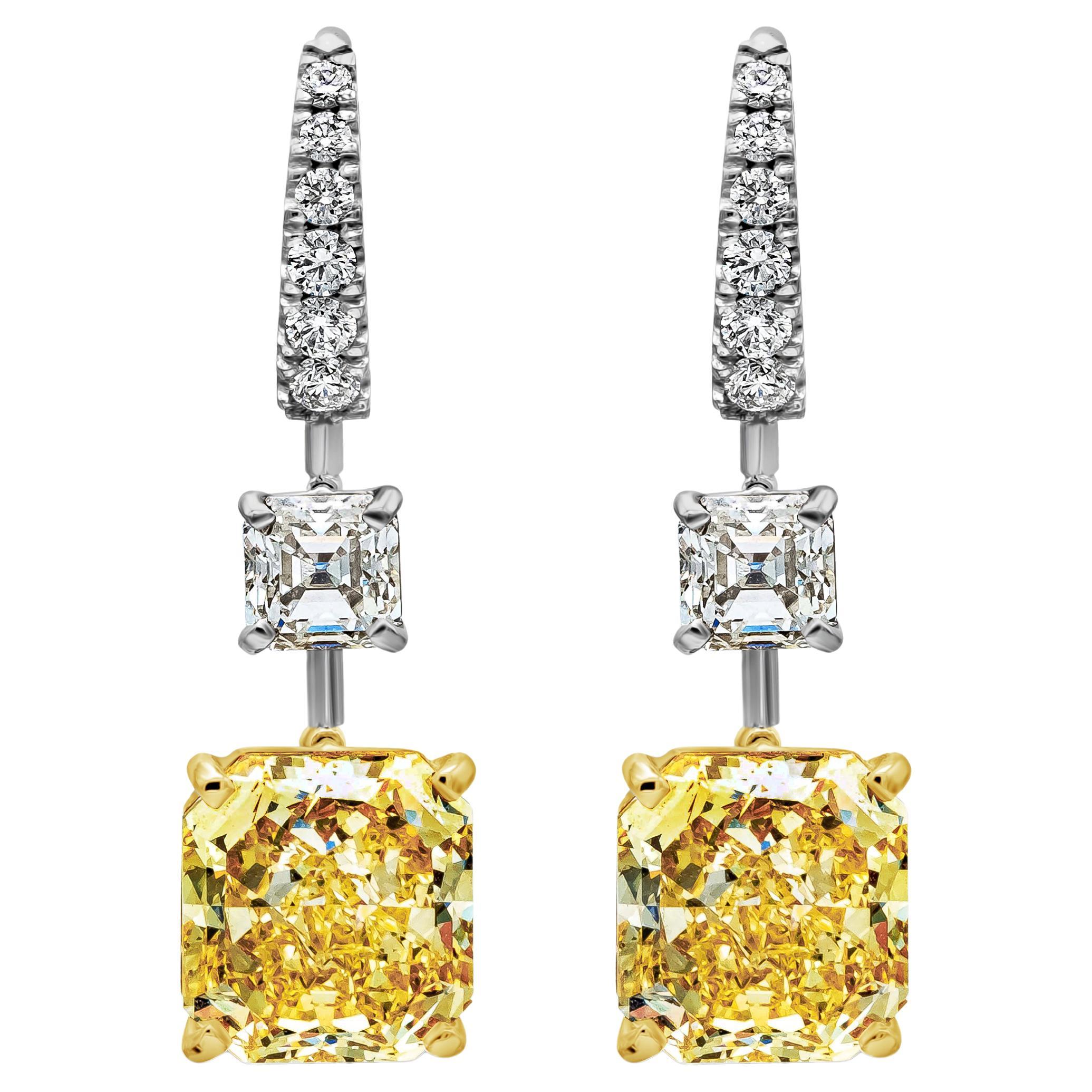 GIA Certified 8.48 Carat Total Fancy Intense Yellow Diamond Dangle Earrings
