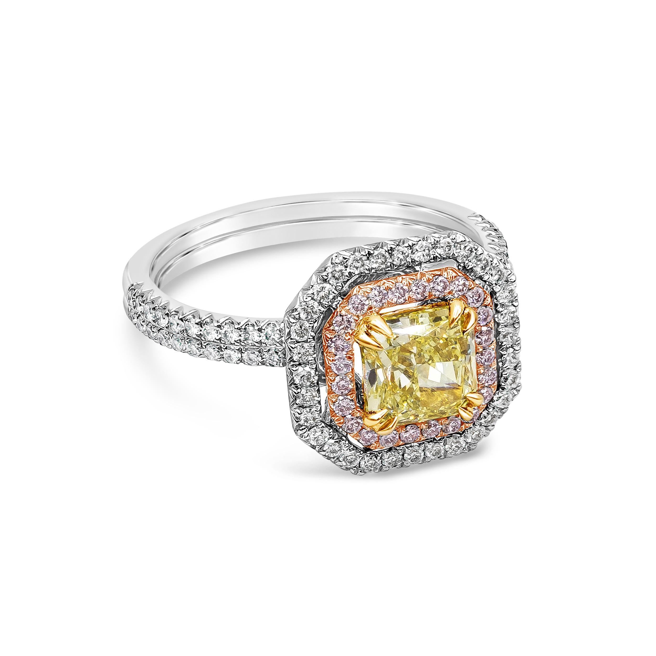 A color-rich halo engagement ring showcasing a GIA Certified 1.16 carats radiant cut fancy intense yellow diamond, VS2 in Clarity. Set in a floating double halo of natural pink and white diamonds and accented with round diamonds on the shank in