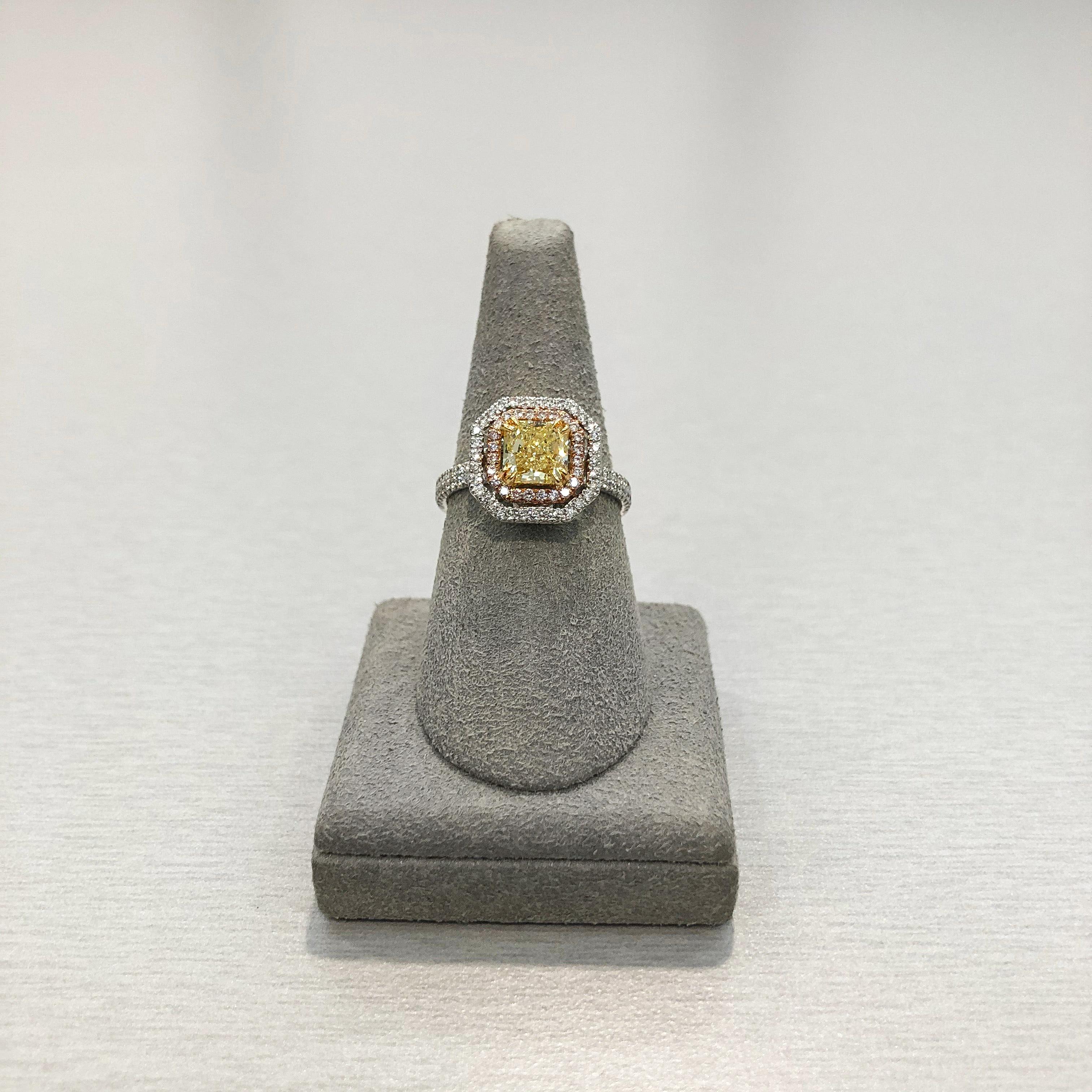 GIA Certified 1.16 Carats Radiant Cut Yellow Diamond Double Halo Engagement Ring For Sale 2