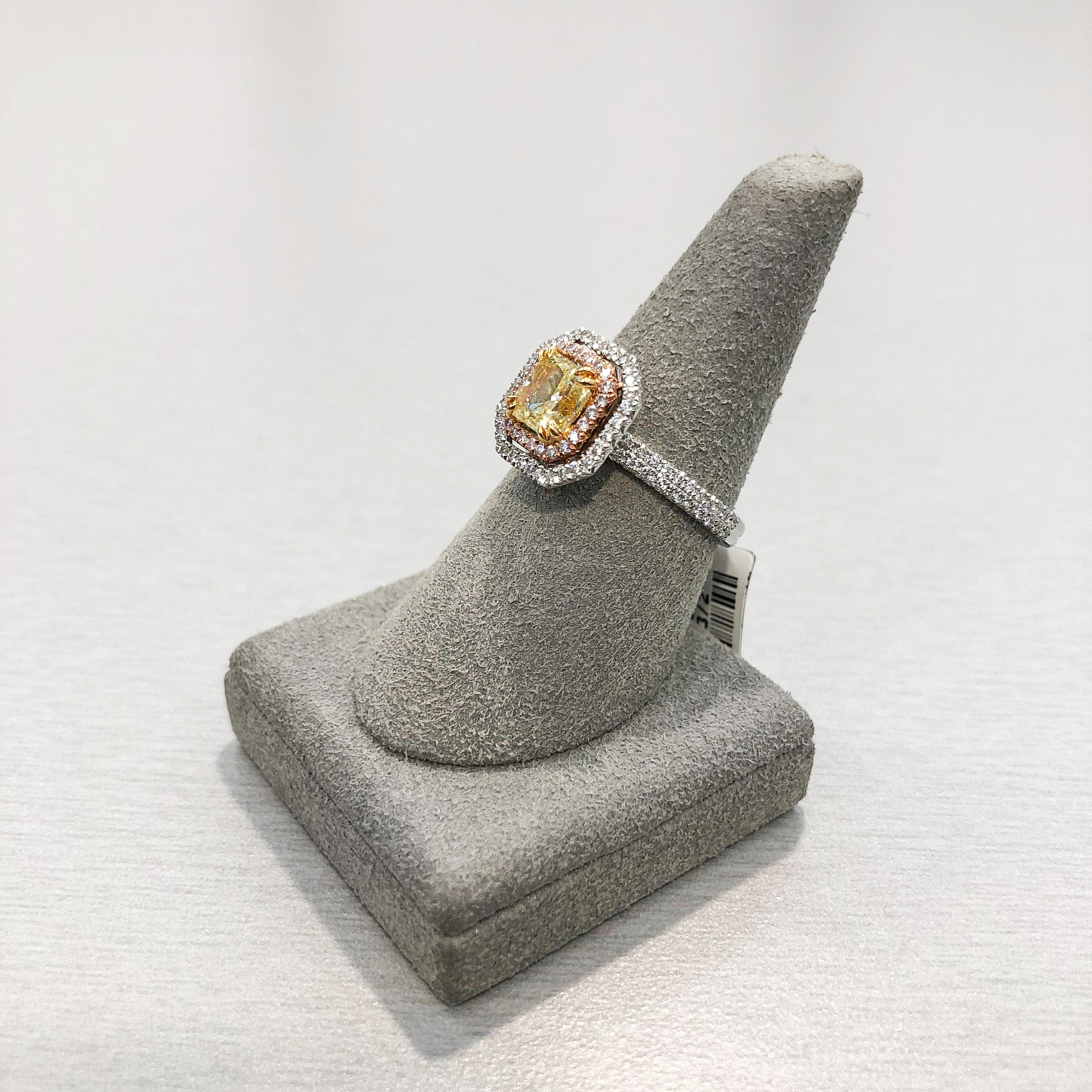 GIA Certified 1.16 Carats Radiant Cut Yellow Diamond Double Halo Engagement Ring For Sale 1