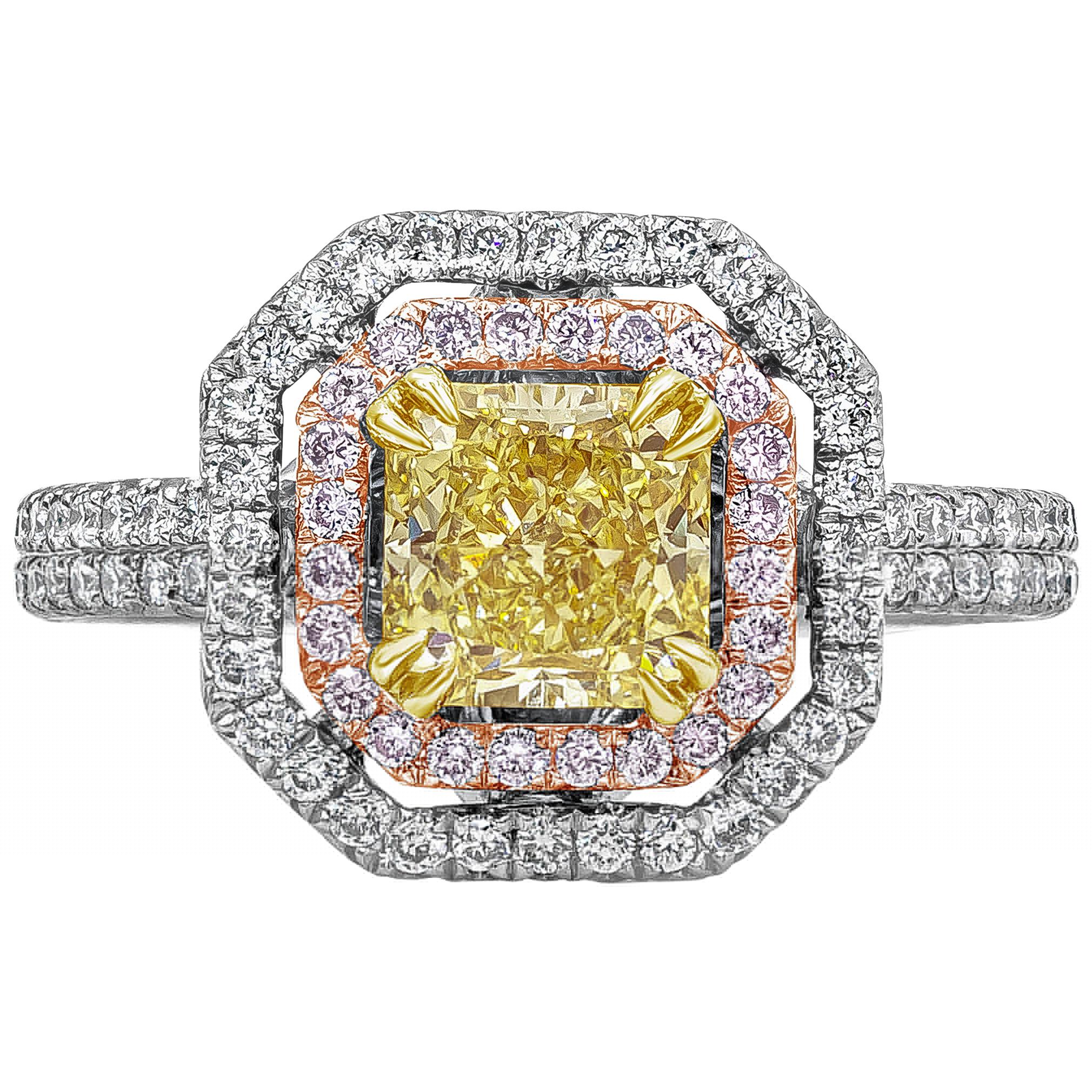 Verlobungsring mit GIA-zertifiziertem 1.16 Karat gelbem Diamanten im Strahlenschliff mit doppeltem Halo