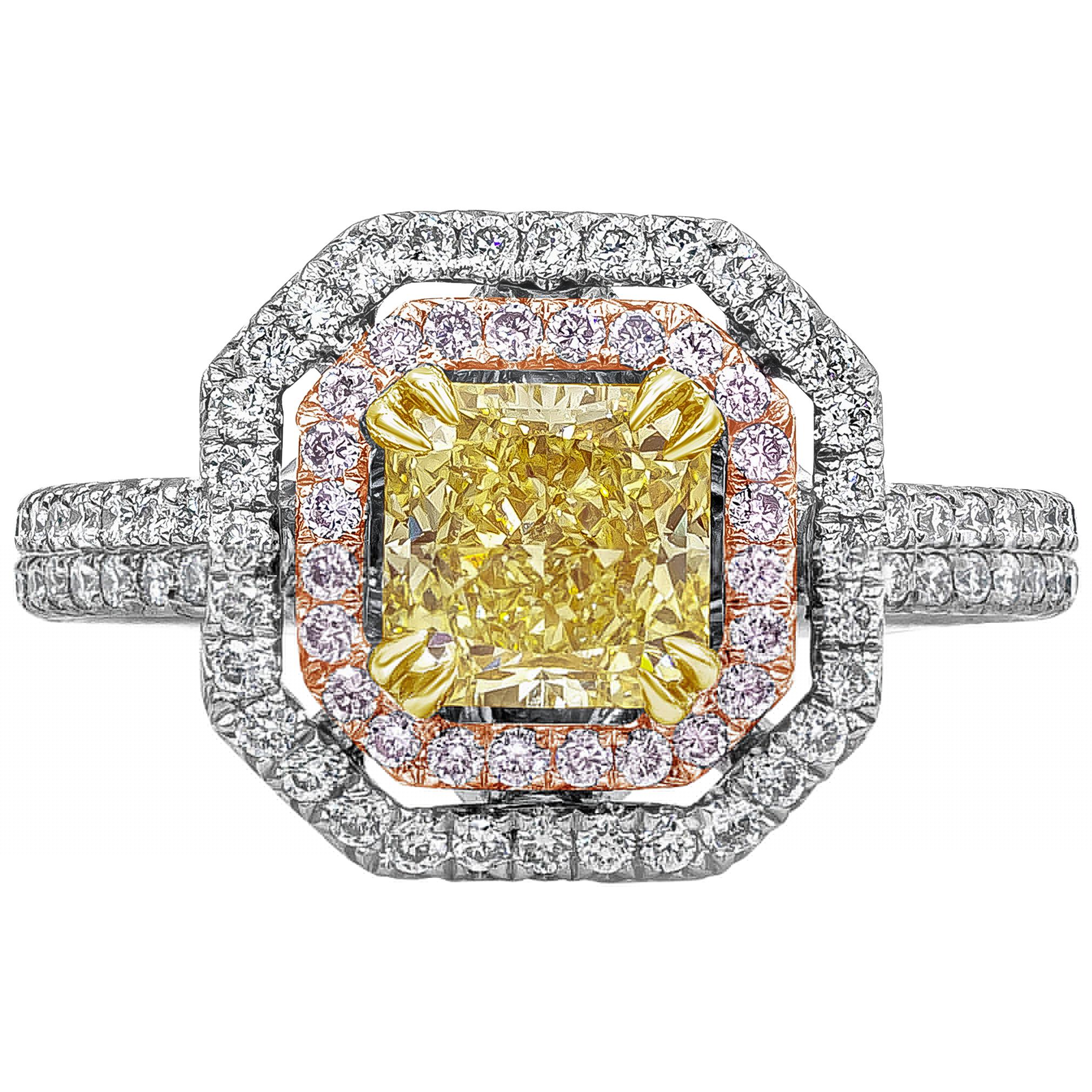 Bague de fiançailles à double halo de diamants jaunes de taille radiante fantaisie de 1,16 carat