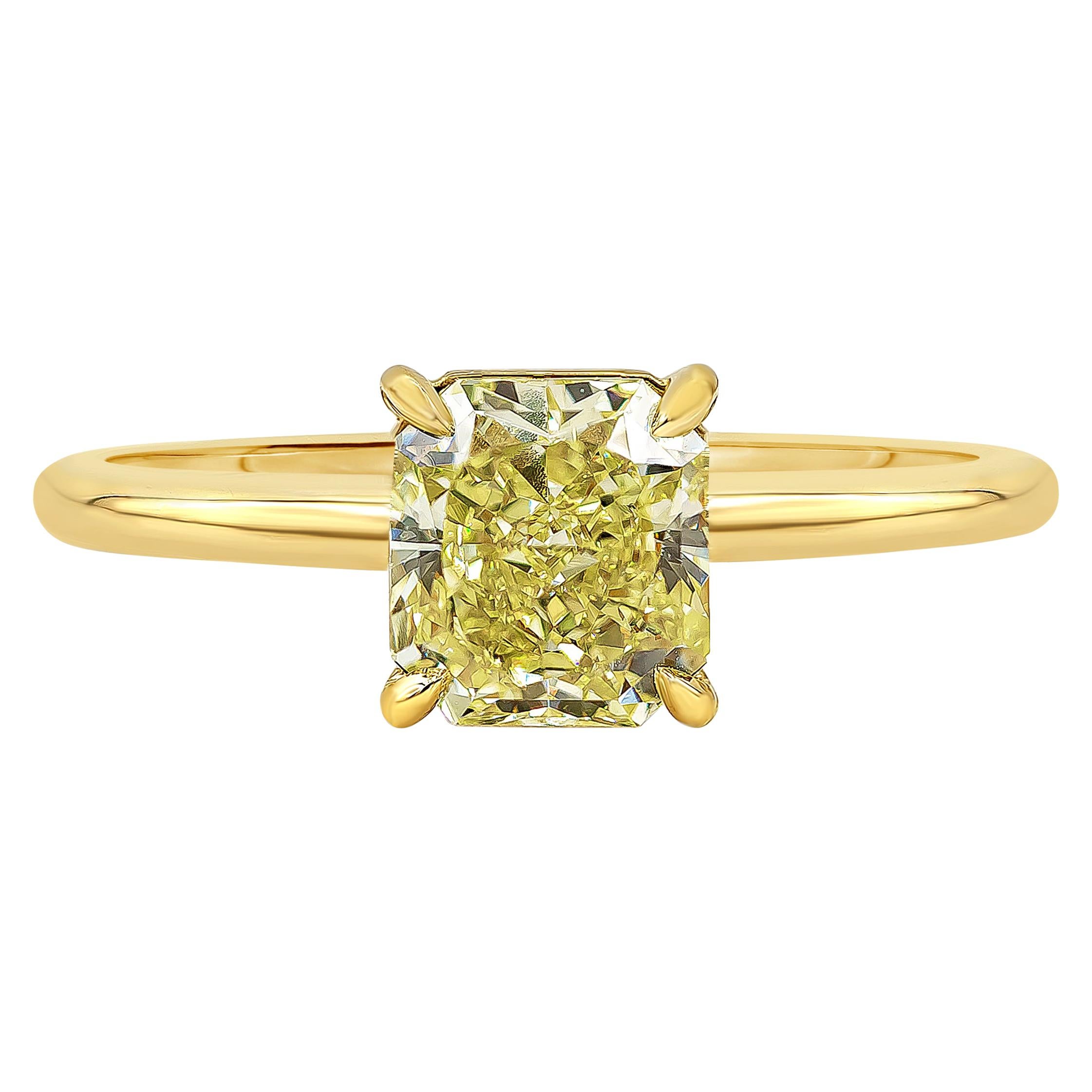 GIA Certified 1.35 Carat Radiant Cut Yellow Diamond Solitaire Engagement Ring For Sale