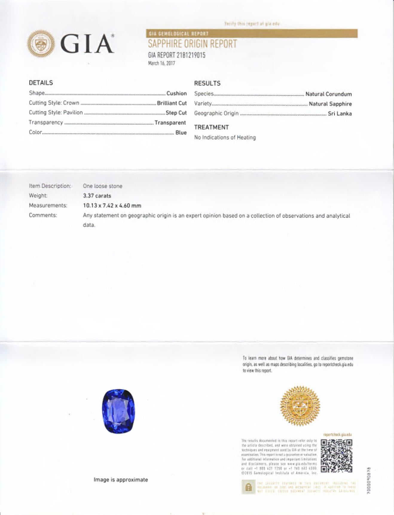 Women's GIA Certified 3.37 Carats Cushion Cut Sapphire & Diamond Halo Engagement Ring For Sale