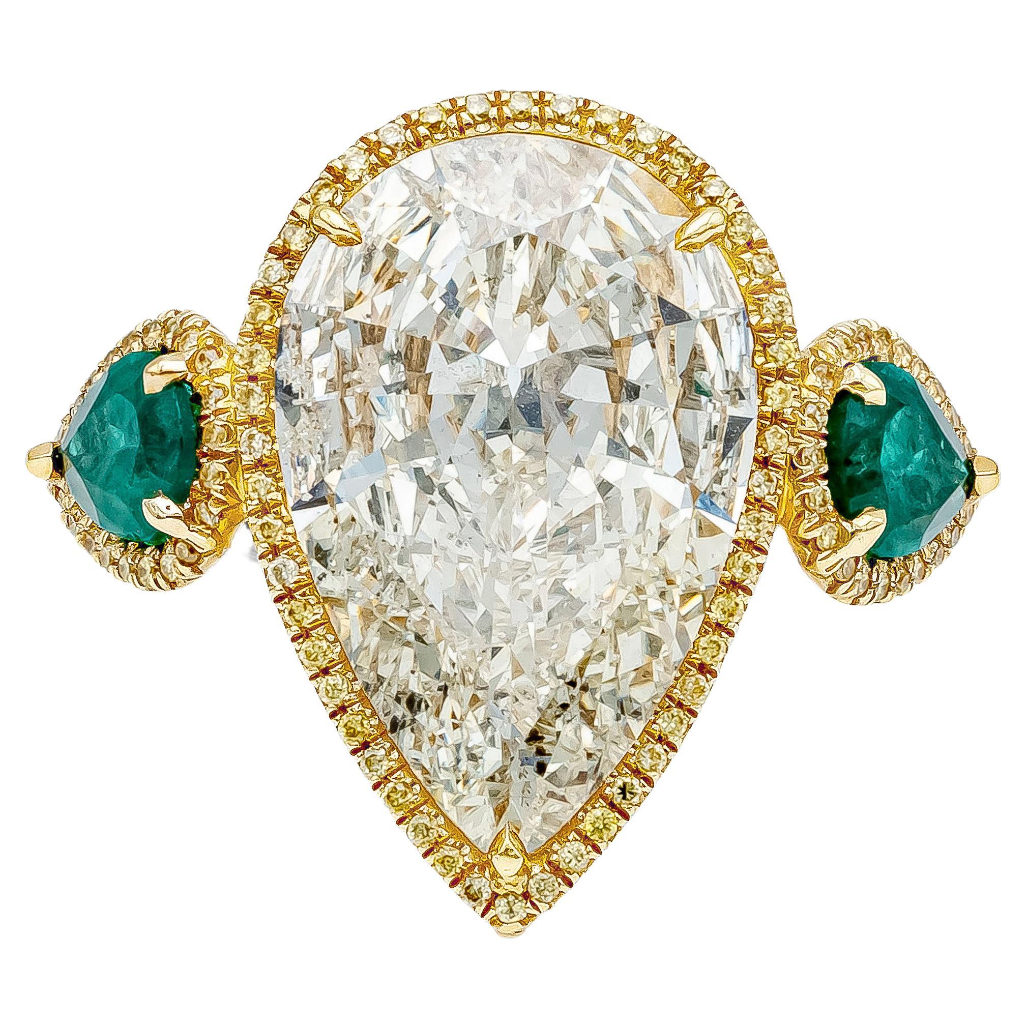 Verlobungsring mit GIA-zertifiziertem 6,65 Karat birnenfrmigem Diamant und grnem Smaragd