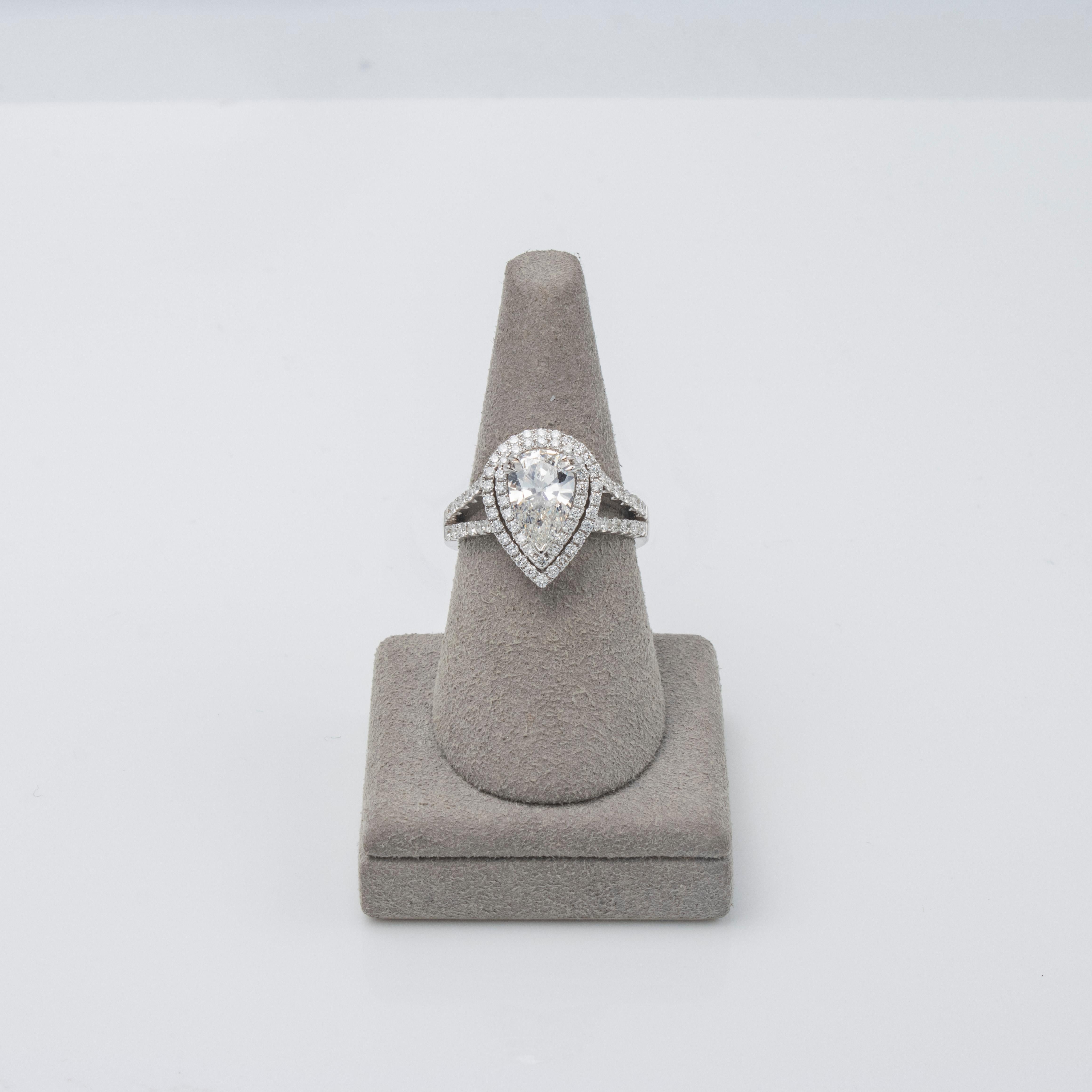 GIA Certified 1.53 Carats Pear Shape Diamond Double Halo Engagement Ring For Sale 2