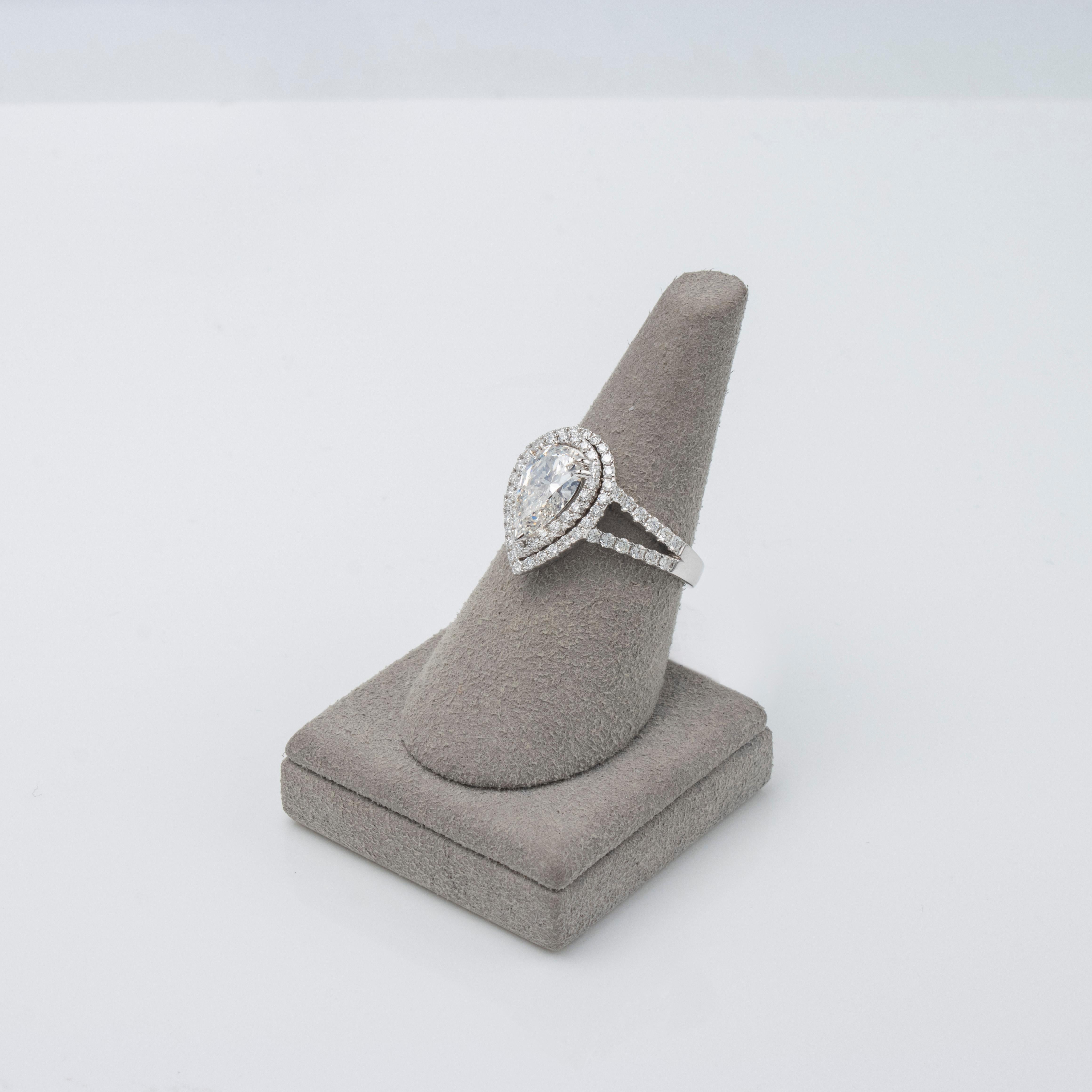GIA Certified 1.53 Carats Pear Shape Diamond Double Halo Engagement Ring For Sale 1