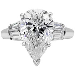 GIA Certified 5.38 Carat Pear Shape Diamond Three-Stone Engagement Ring