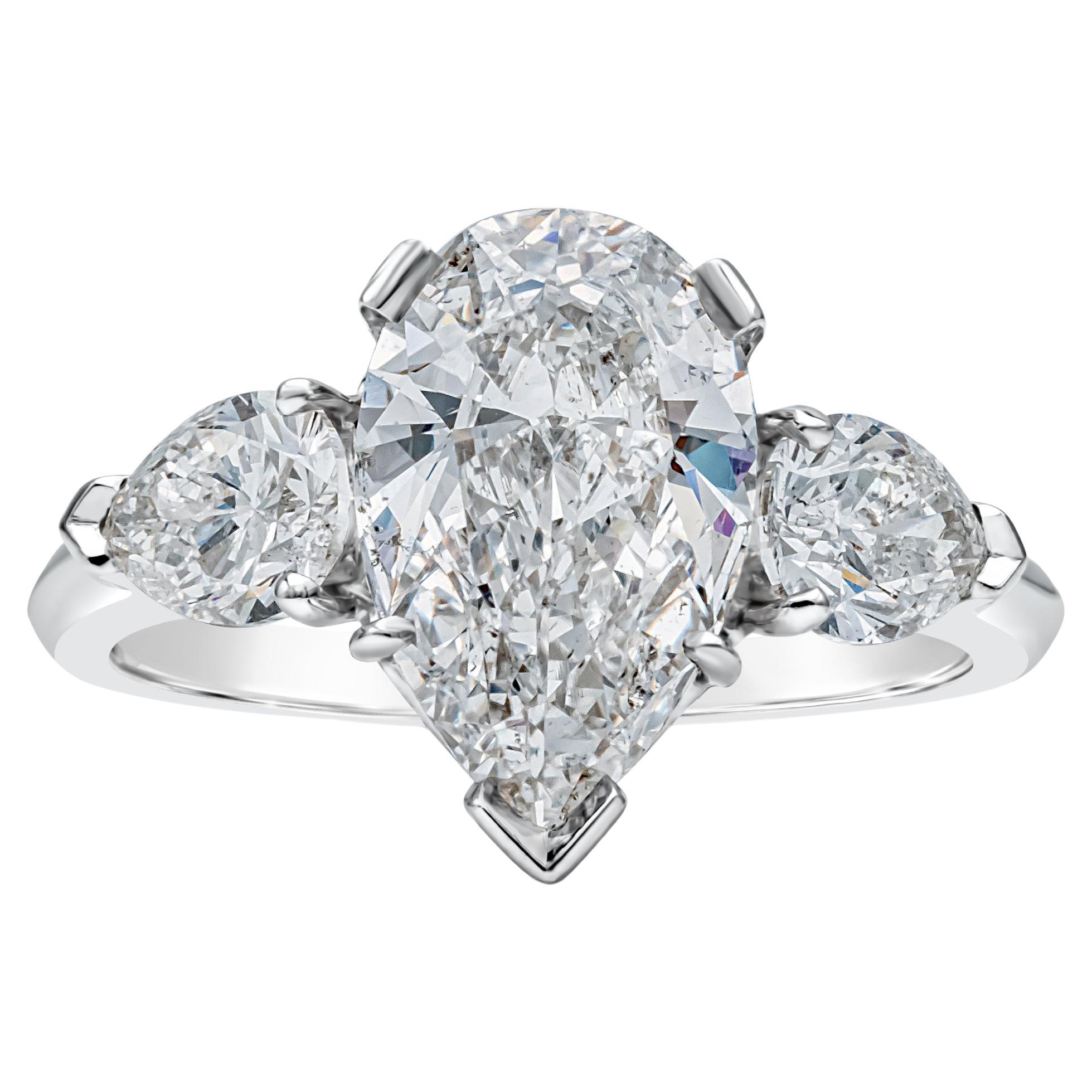 GIA Certified 1.88 Carats Pear Shape Diamond Three-Stone Engagement Ring